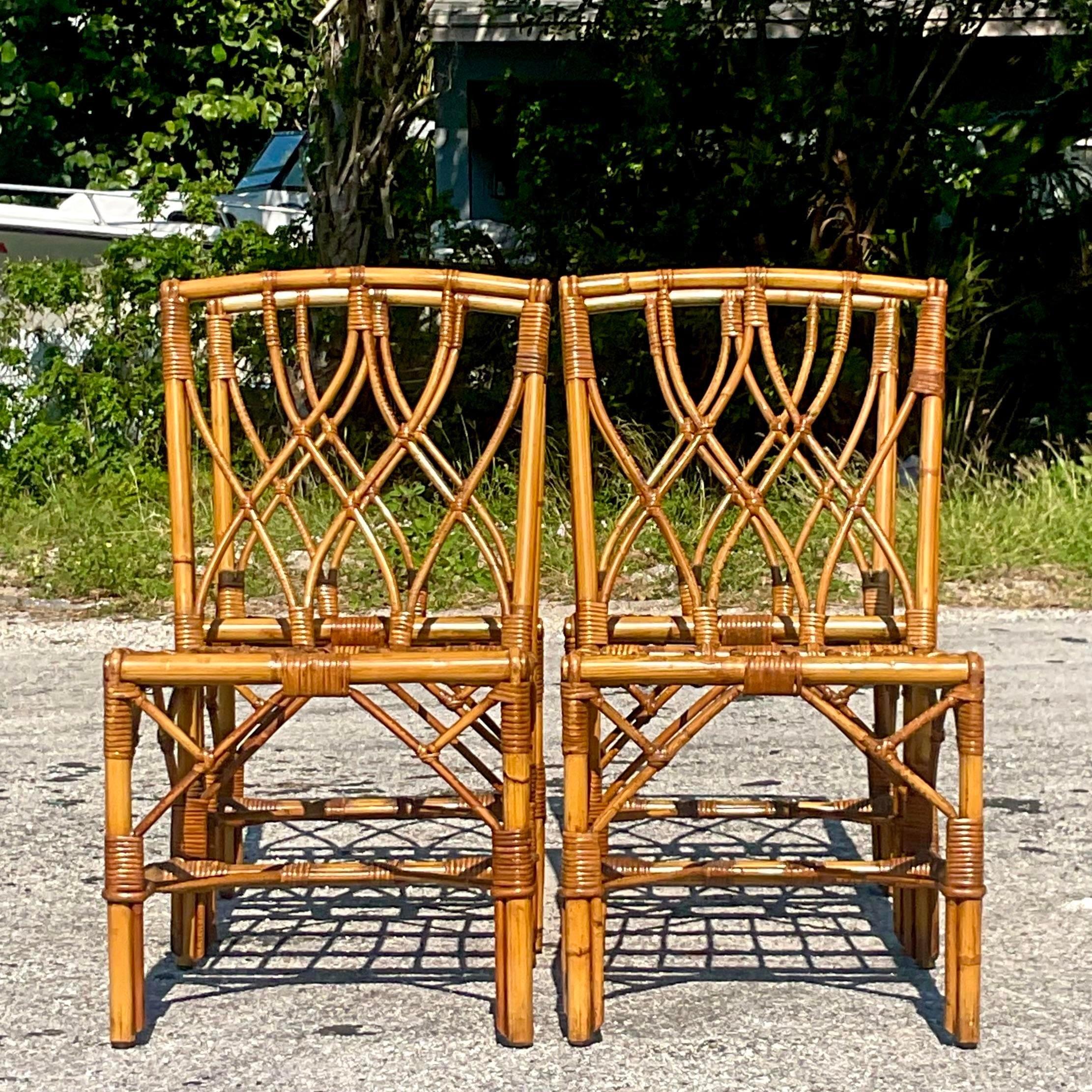 Vintage Coastal Trellis Rattan Dining Chairs - Set of Four For Sale 2