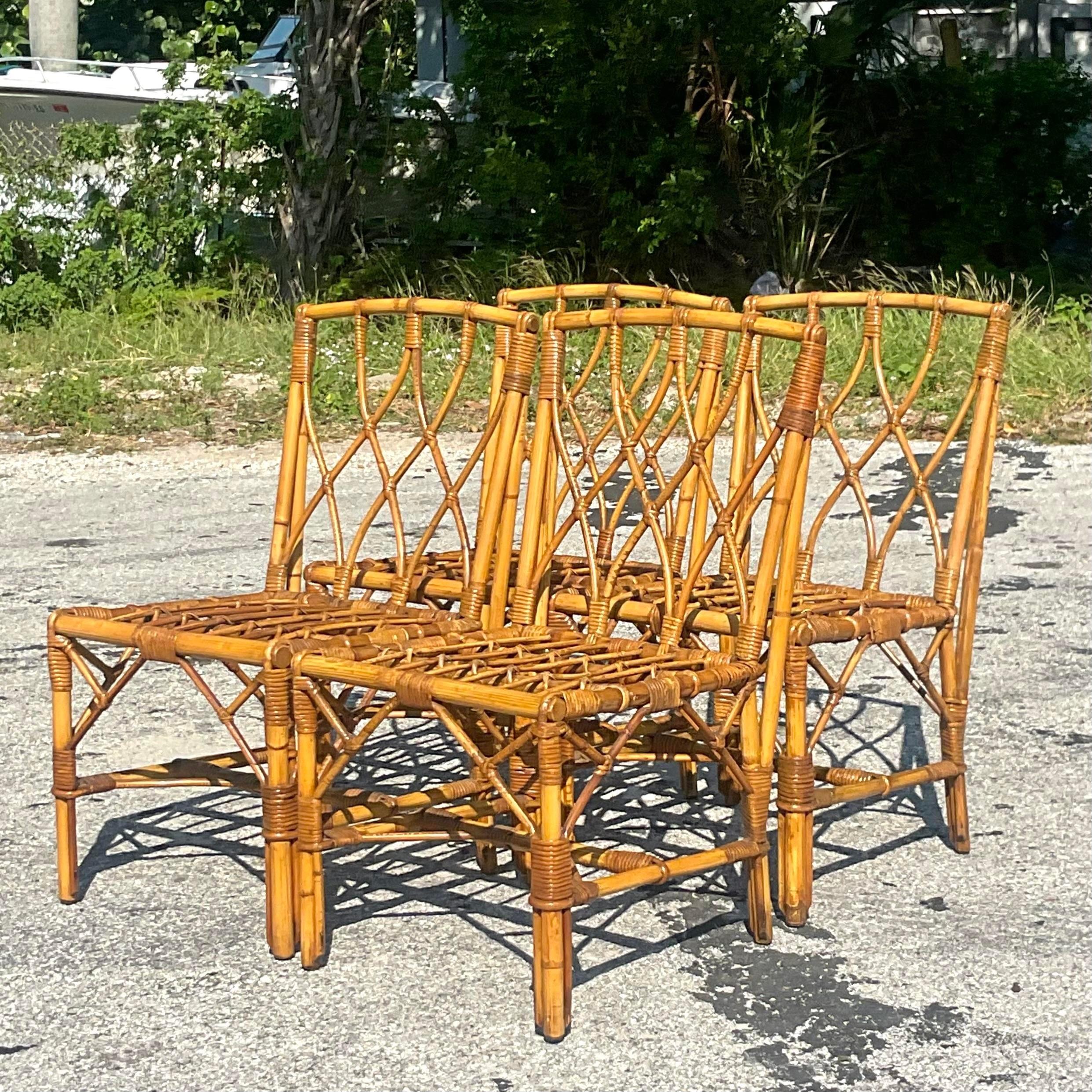 Vintage Coastal Trellis Rattan Dining Chairs - Set of Four For Sale 3