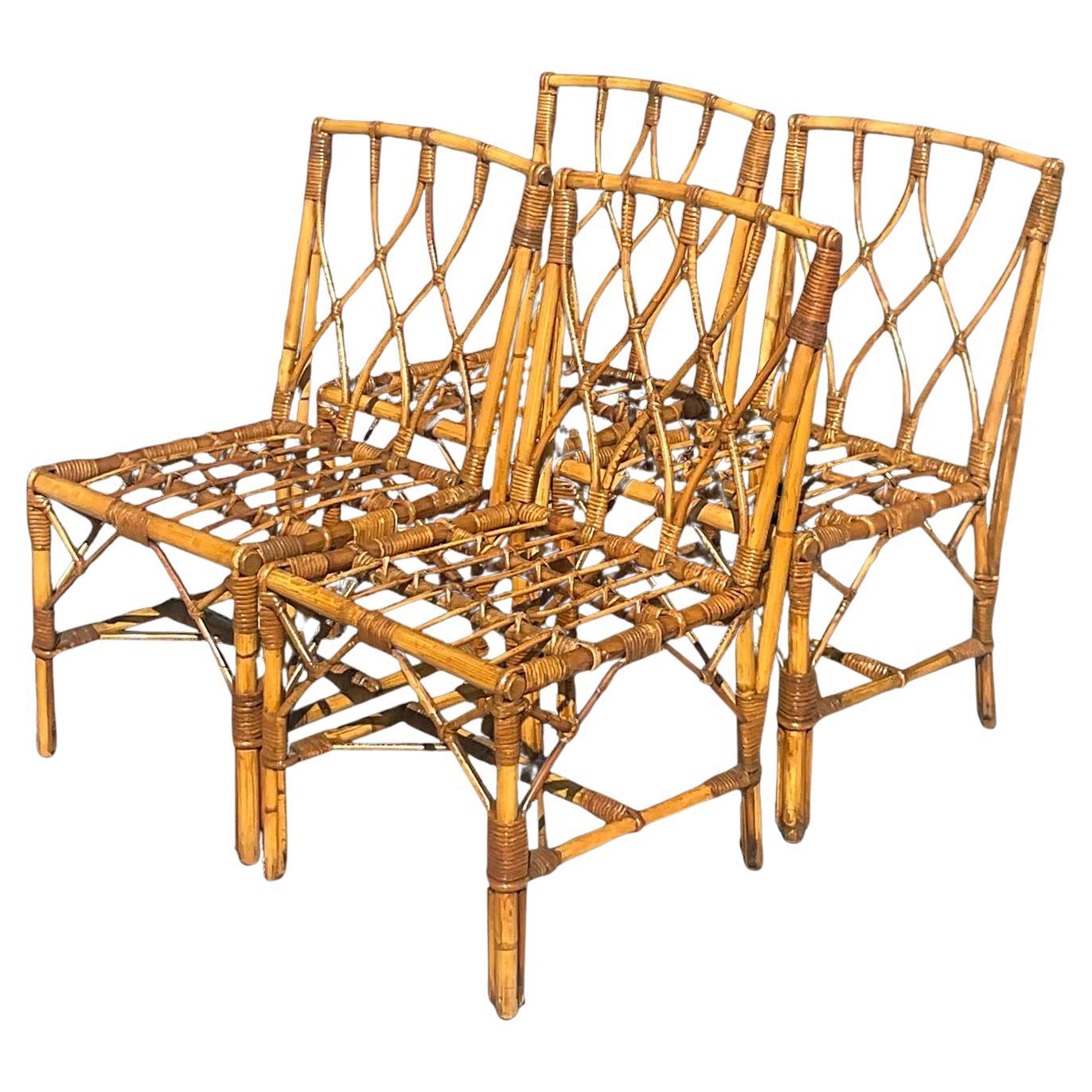 Vintage Coastal Trellis Rattan Dining Chairs - Set of Four