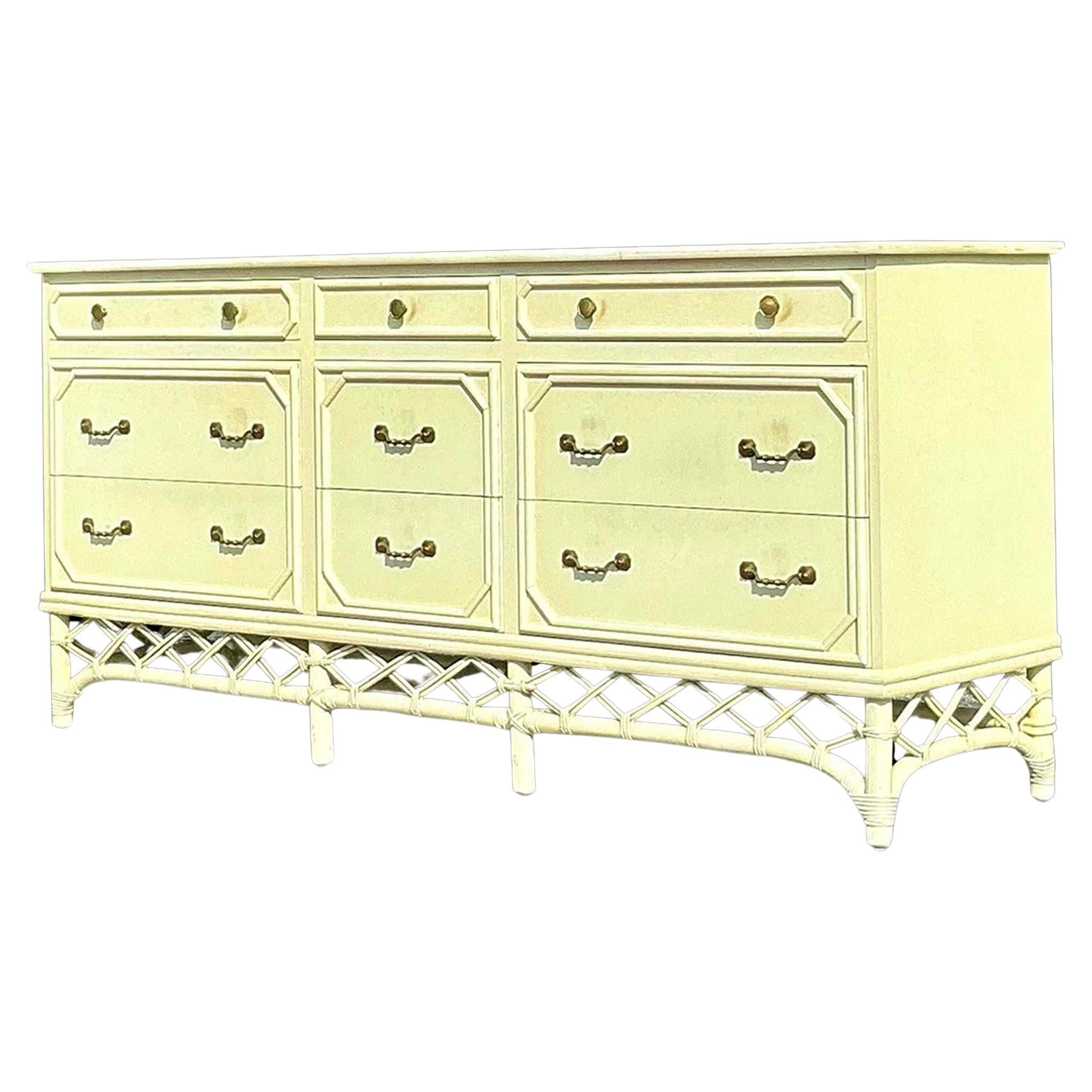 Vintage Coastal Trellis Rattan Dresser After Ficks Reed