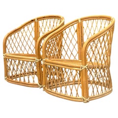 Vintage Coastal Trellis Rattan Lounge Chairs - a Pair
