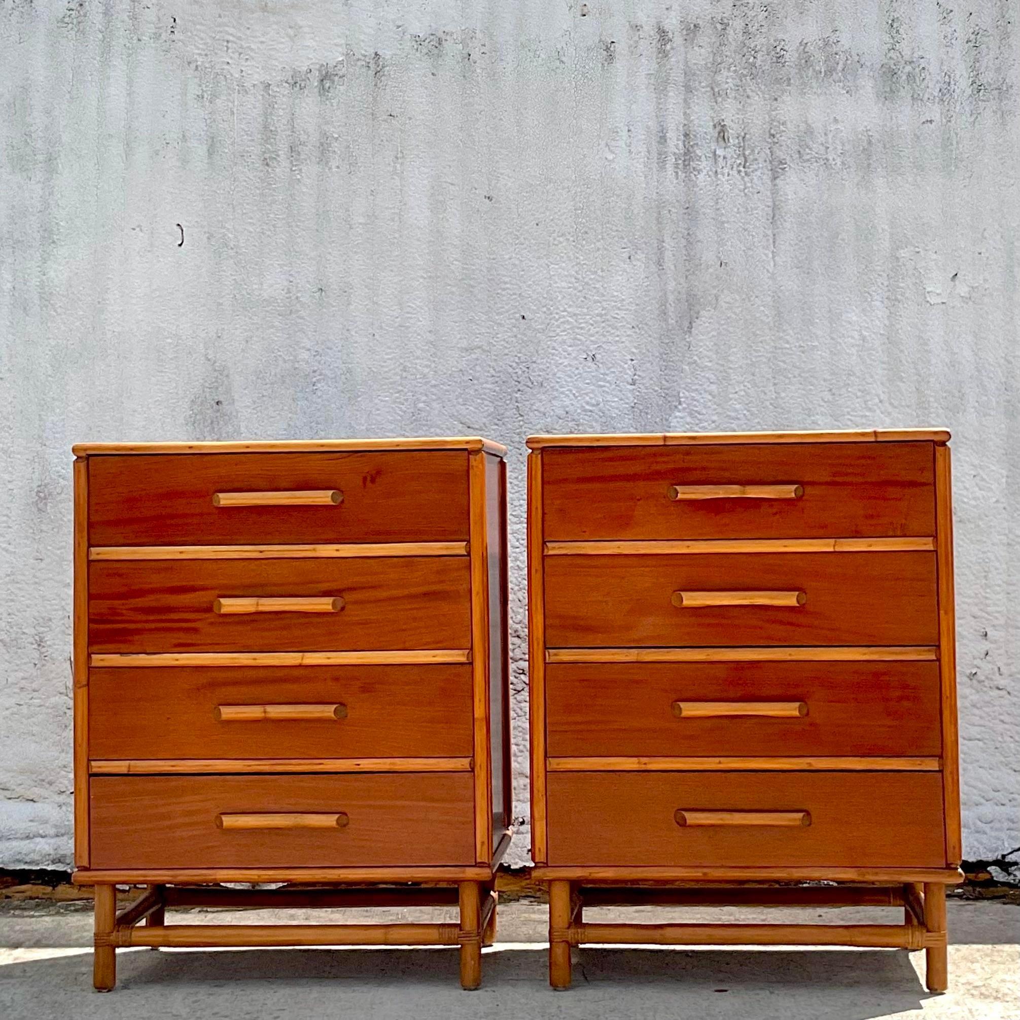 Vintage Coastal Trellis Rattan Mahogany Tall Chests - a Pair In Good Condition For Sale In west palm beach, FL