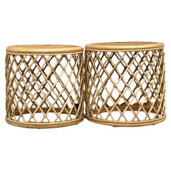 Vintage Coastal Trellis Rattan Side Tables - a Pair