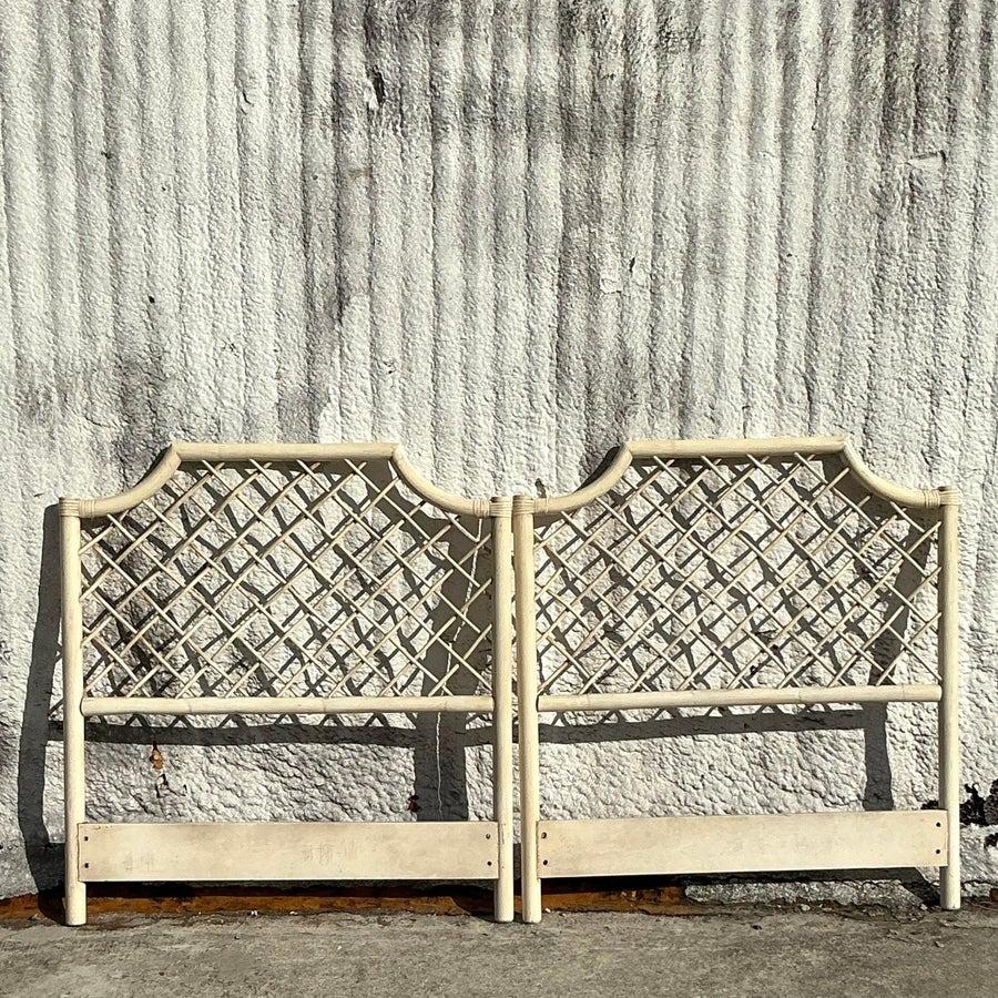 Vintage Coastal Trellis Rattan Twin Headboards - a Pair In Good Condition For Sale In west palm beach, FL