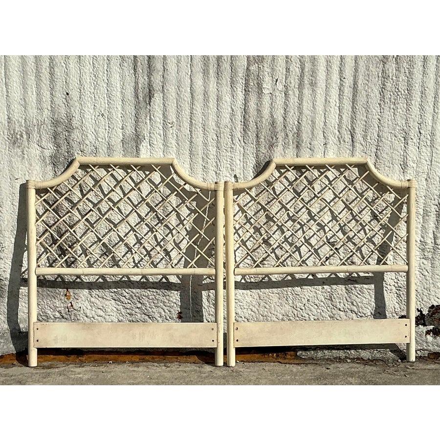 20th Century Vintage Coastal Trellis Rattan Twin Headboards - a Pair For Sale