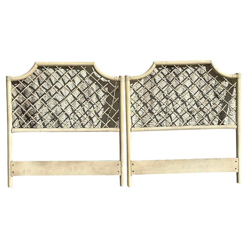 Vintage Coastal Trellis Rattan Twin Headboards - a Pair