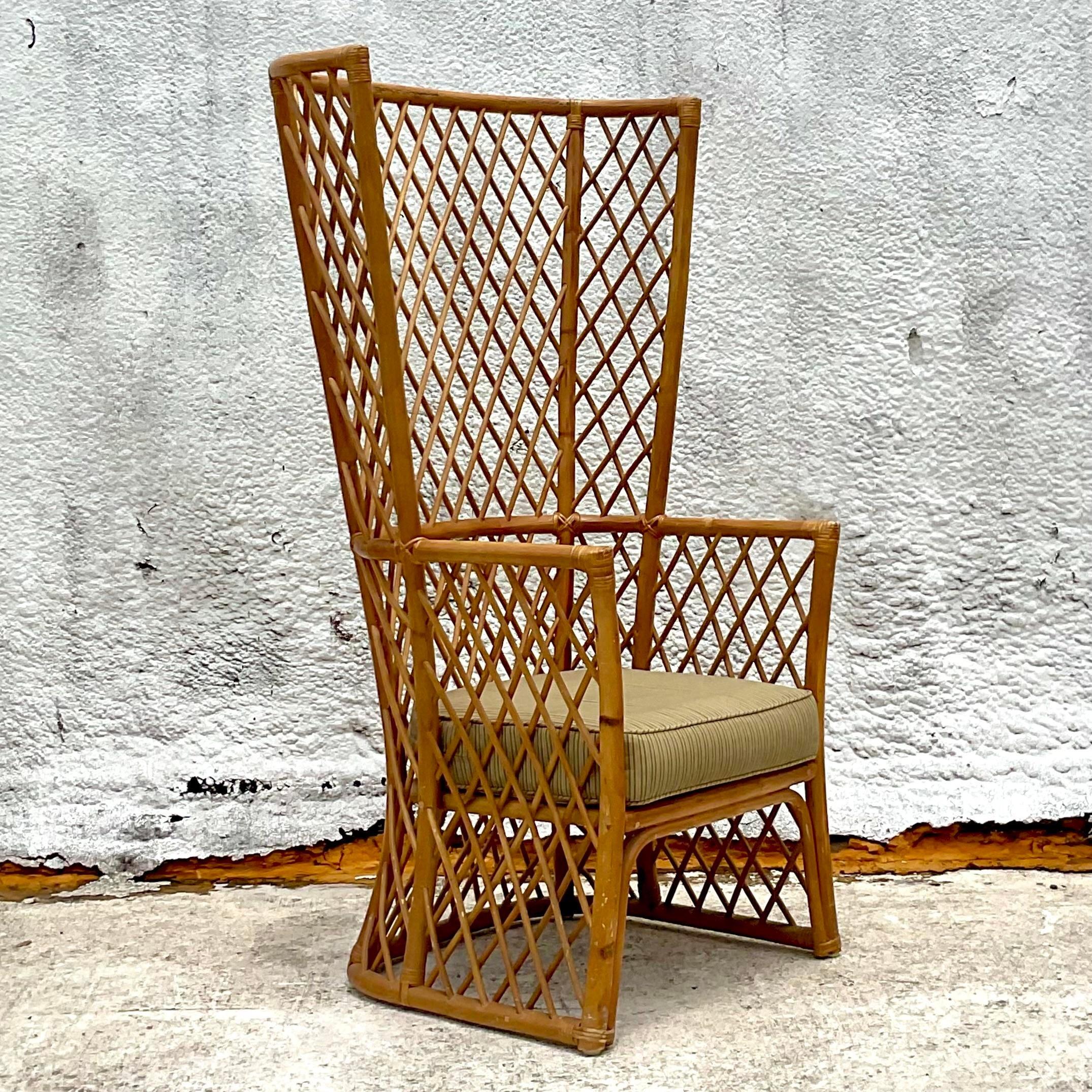 Philippine Vintage Coastal Trellis Rattan Wingback Chair