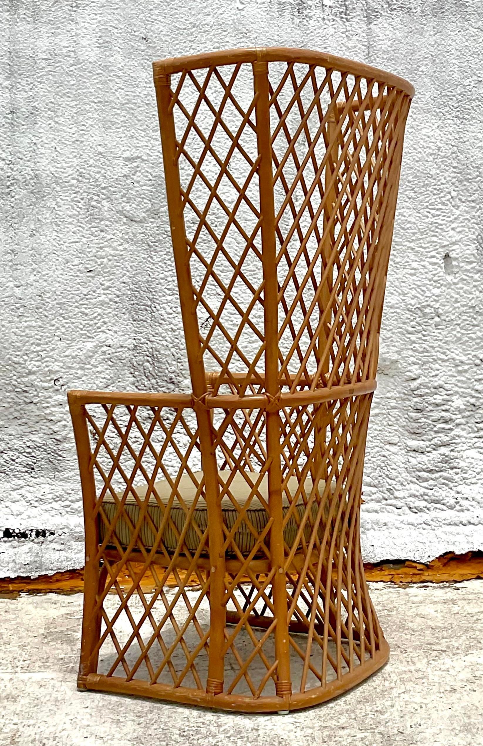 Vintage Coastal Trellis Rattan Wingback Chair In Good Condition In West Palm Beach, FL