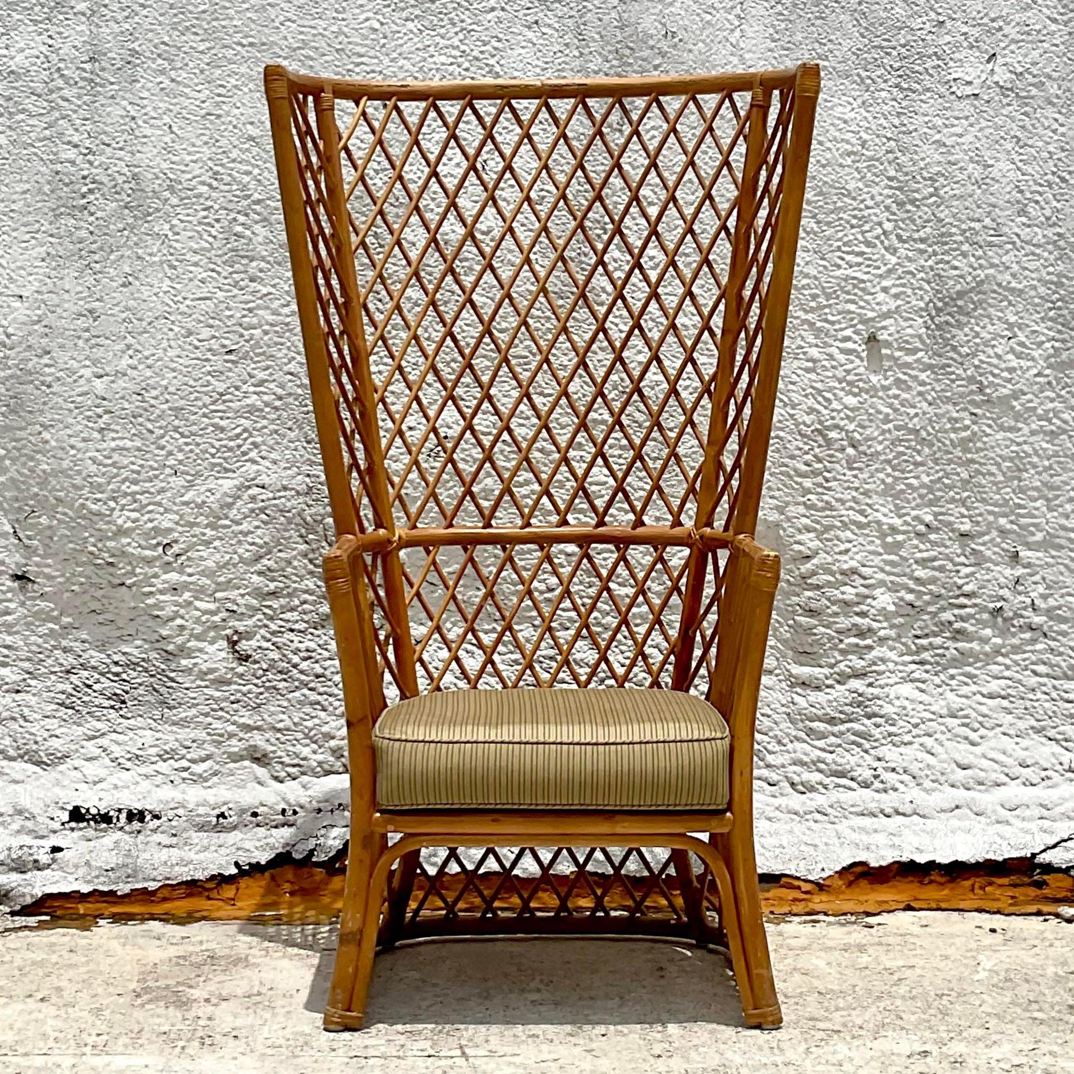 20th Century Vintage Coastal Trellis Rattan Wingback Chair