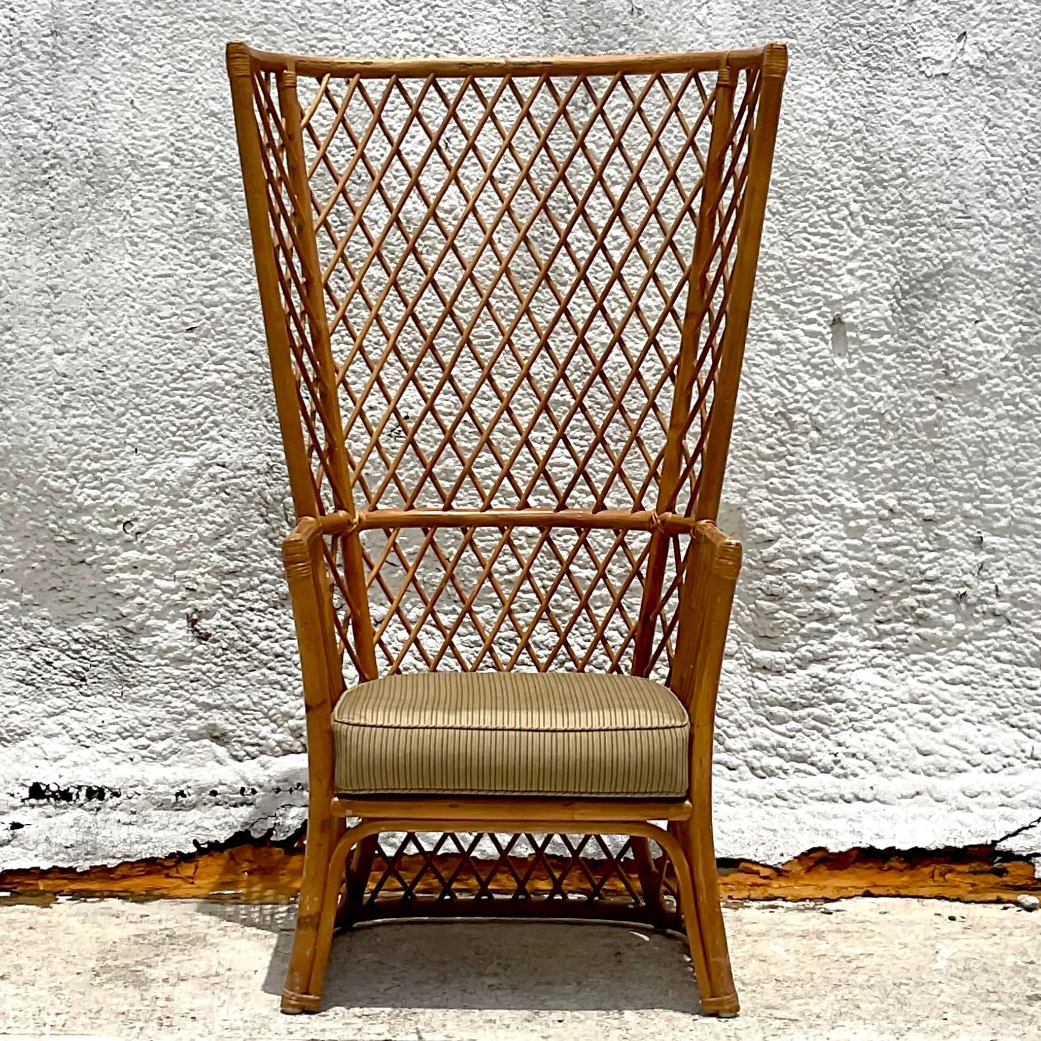 Vintage Coastal Trellis Rattan Wingback Chair 1