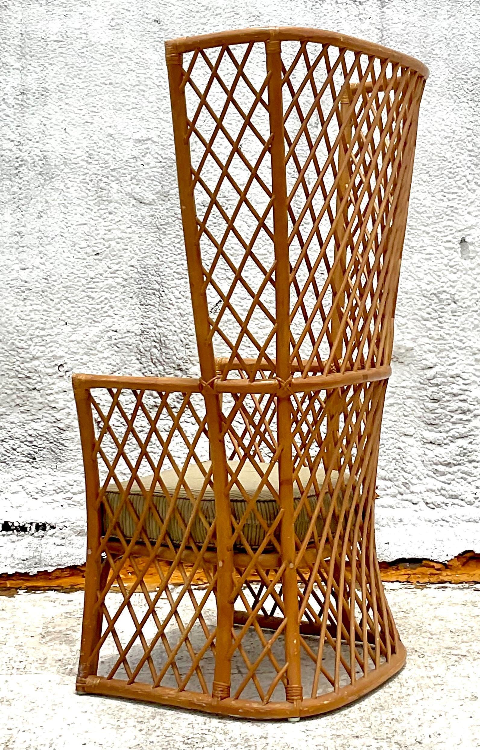 Vintage Coastal Trellis Rattan Wingback Chair 2