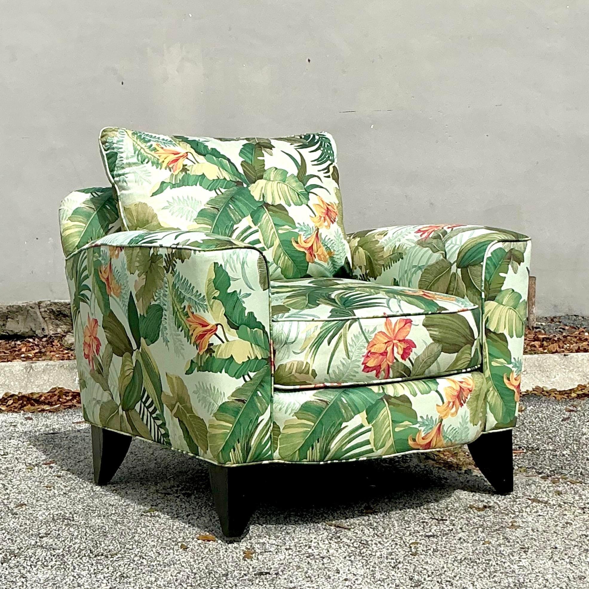 American Vintage Coastal Tropical Print Lounge Chair For Sale