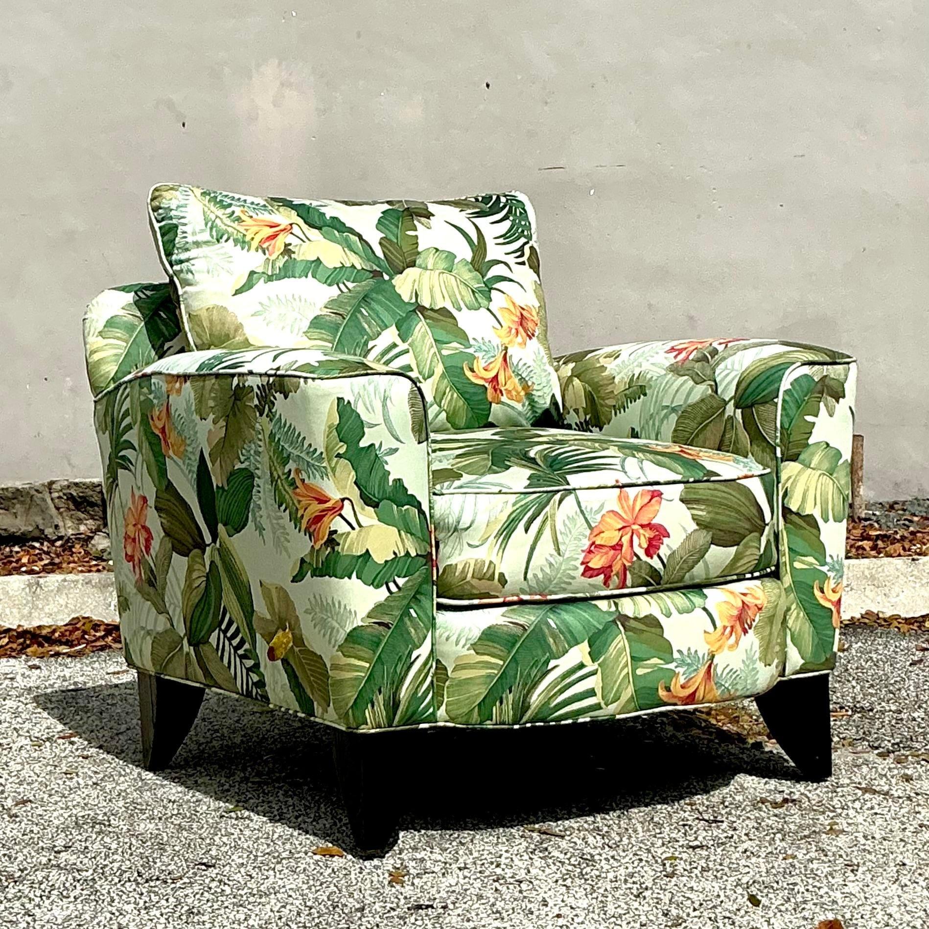 Vintage Coastal Tropical Print Lounge Chair In Good Condition For Sale In west palm beach, FL