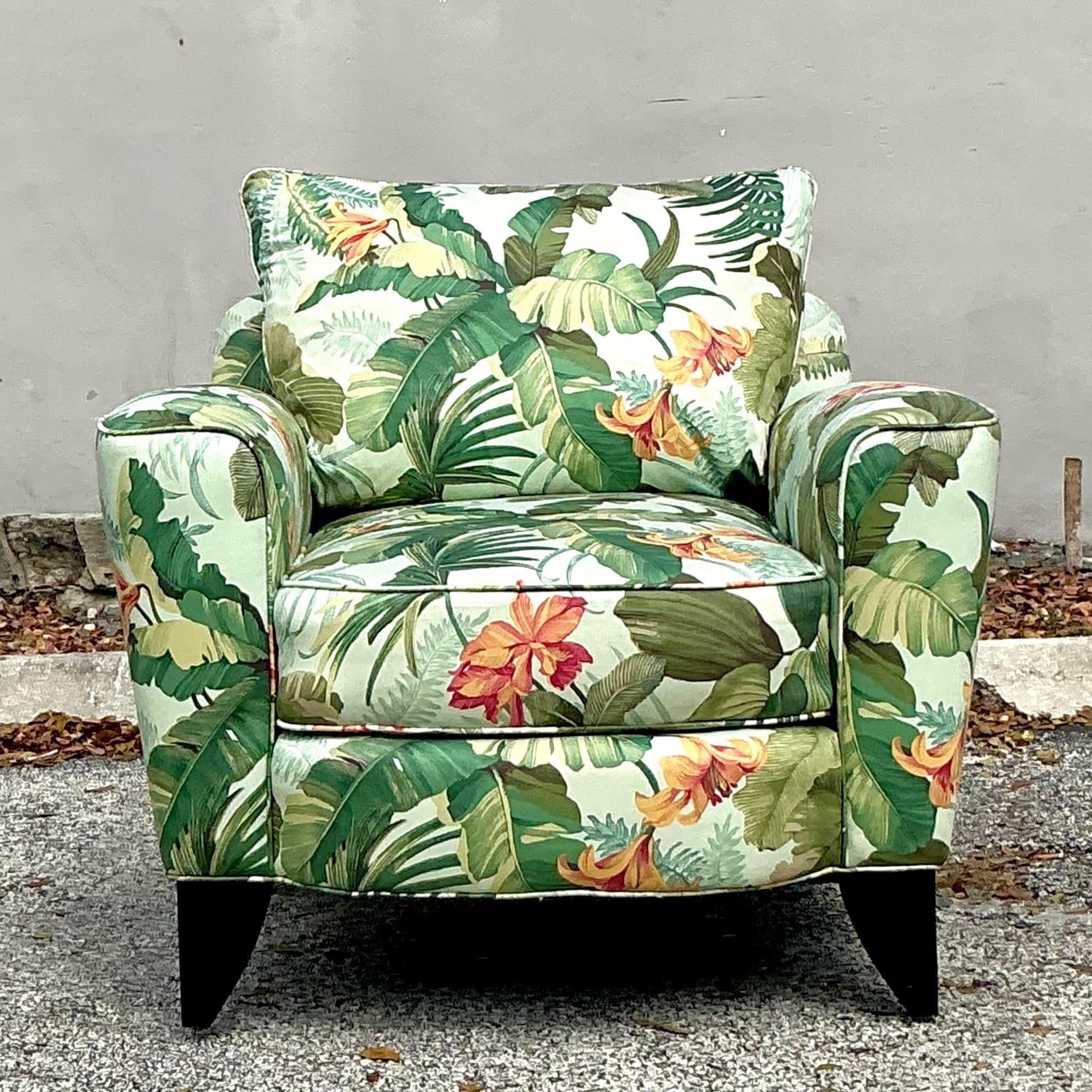 Fabric Vintage Coastal Tropical Print Lounge Chair For Sale