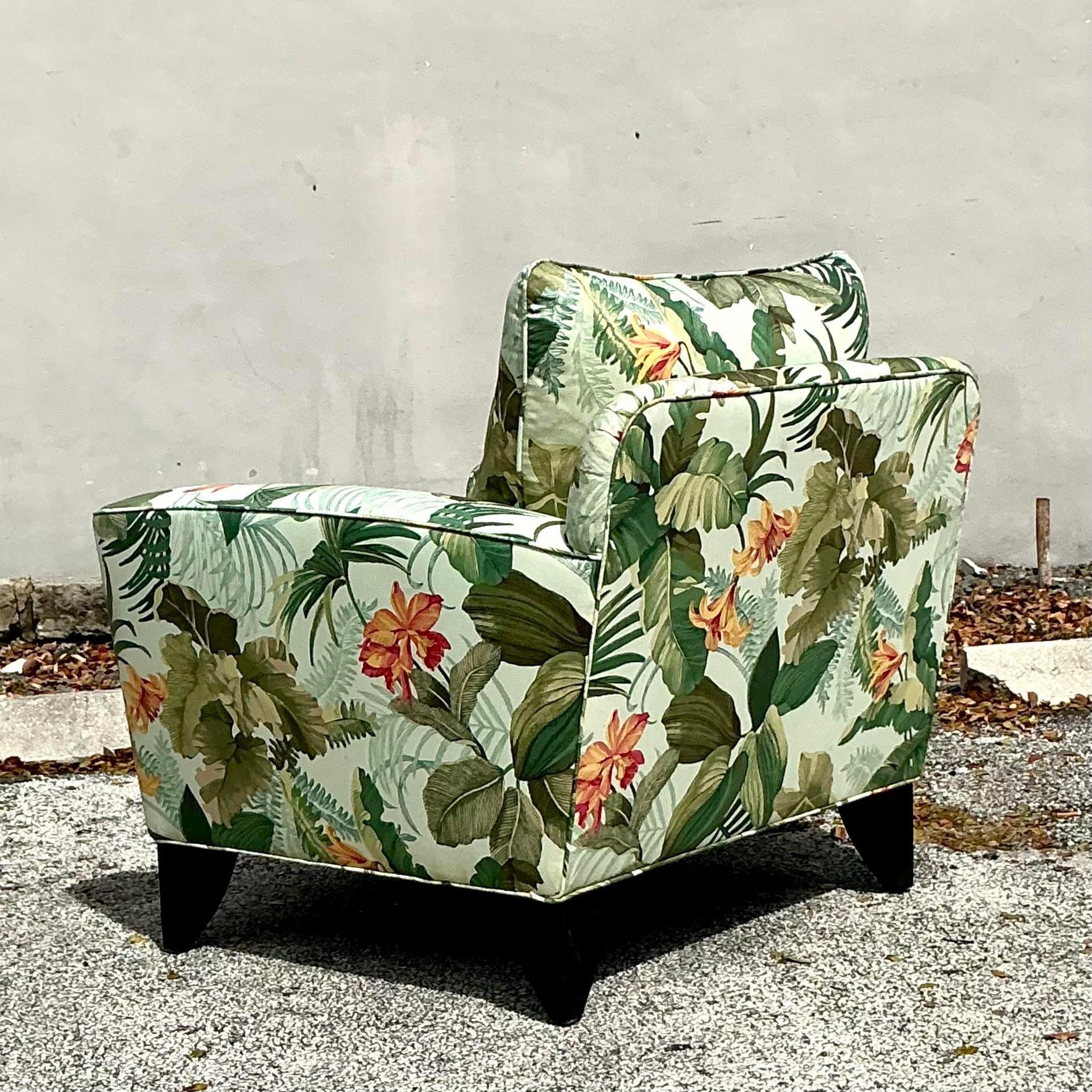 Vintage Coastal Tropical Print Lounge Chair For Sale 1