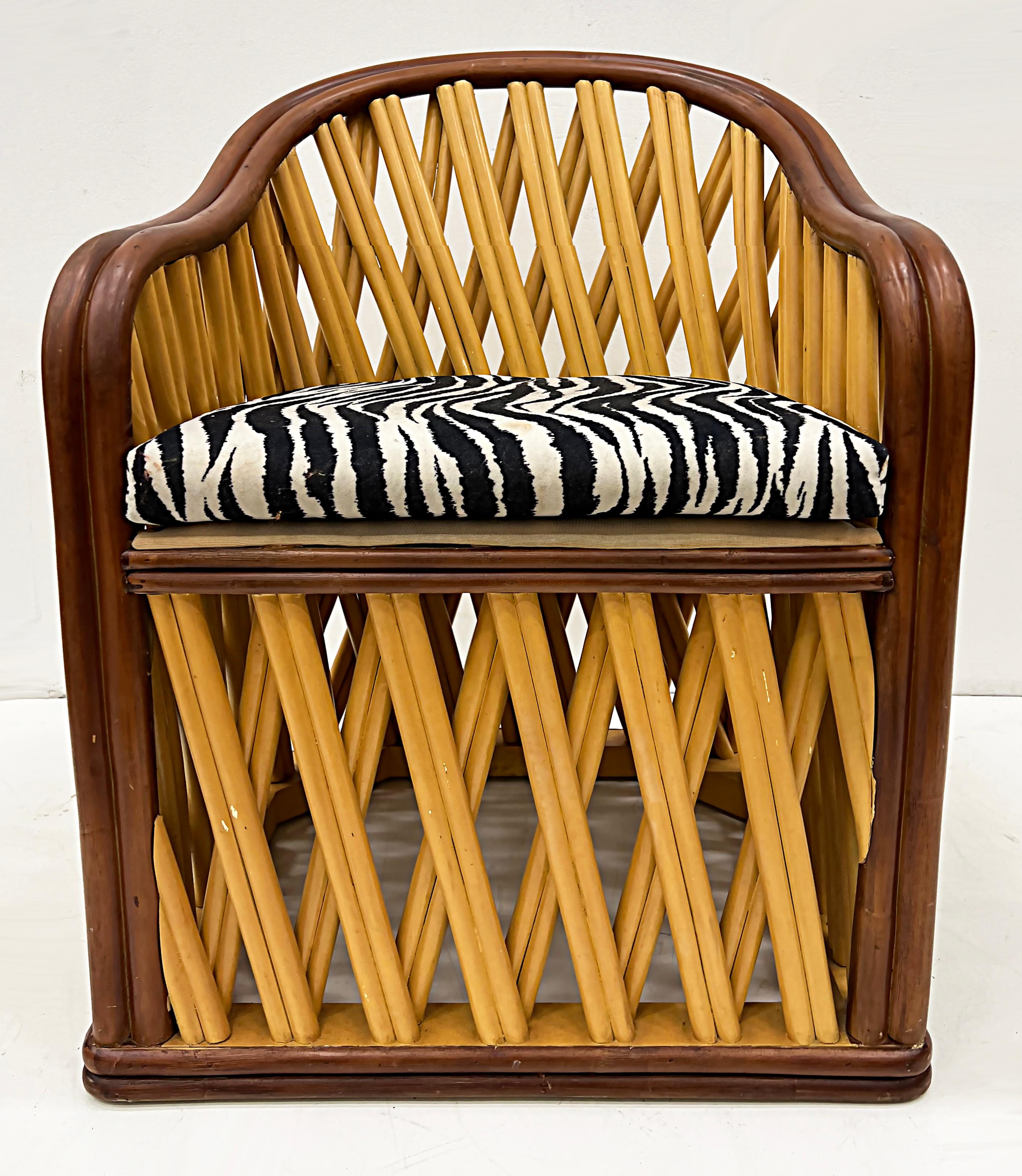 Vintage coastal tropical wooden accent chair with zebra print cushion.

Offered for sale is a Vintage coastal tropical accent chair with wooden dowels that have been bent and secured with a contrasting bent wood rail. The seat has a zebra print