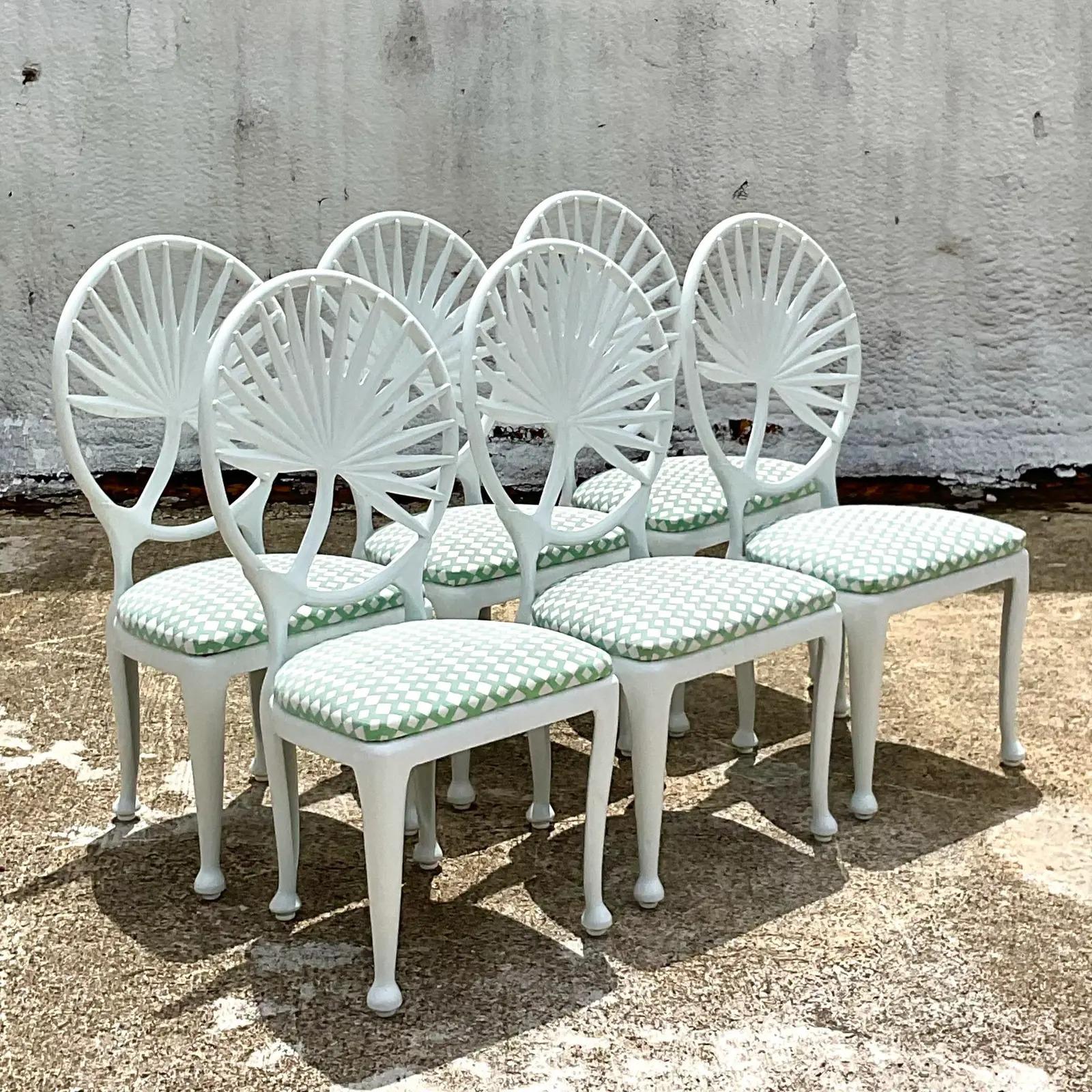 North American Vintage Coastal Tropitone Cast Aluminum Palm Leaf Dining Chairs, Set of 6