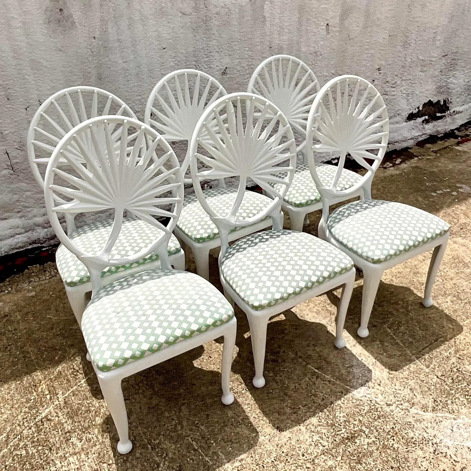 Vintage Coastal Tropitone Cast Aluminum Palm Leaf Dining Chairs, Set of 6 In Good Condition In West Palm Beach, FL