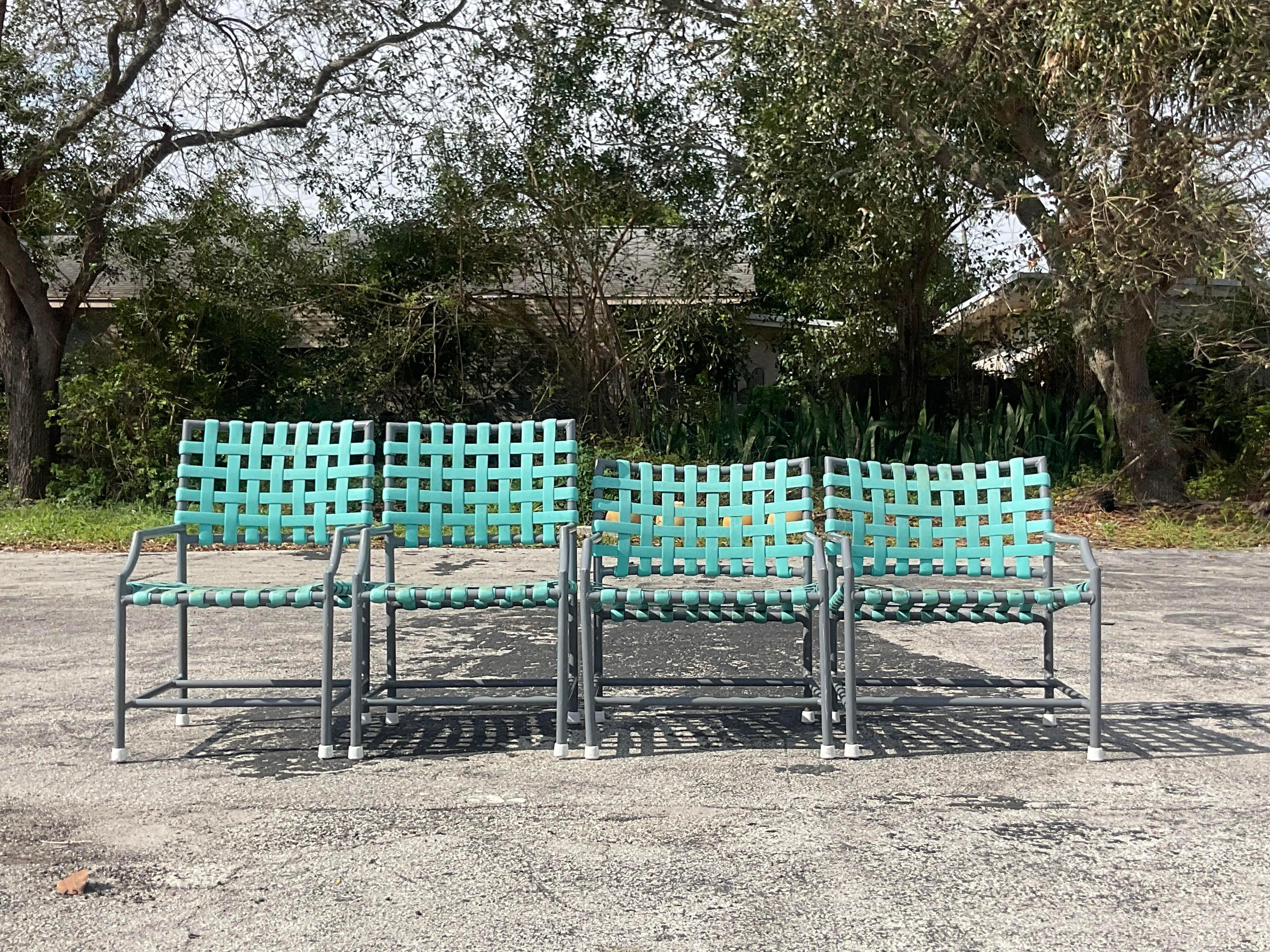 Vintage Coastal Tropitone Vinyl Strap Outdoor Chairs - Set of Four In Good Condition For Sale In west palm beach, FL