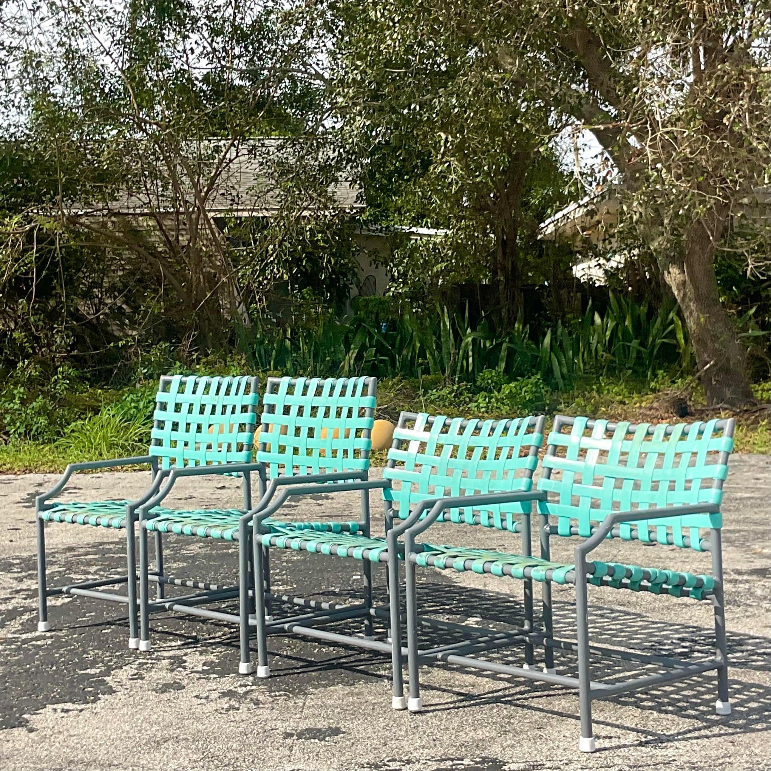 American Vintage Coastal Tropitone Vinyl Strap Outdoor Chairs - Set of Four For Sale