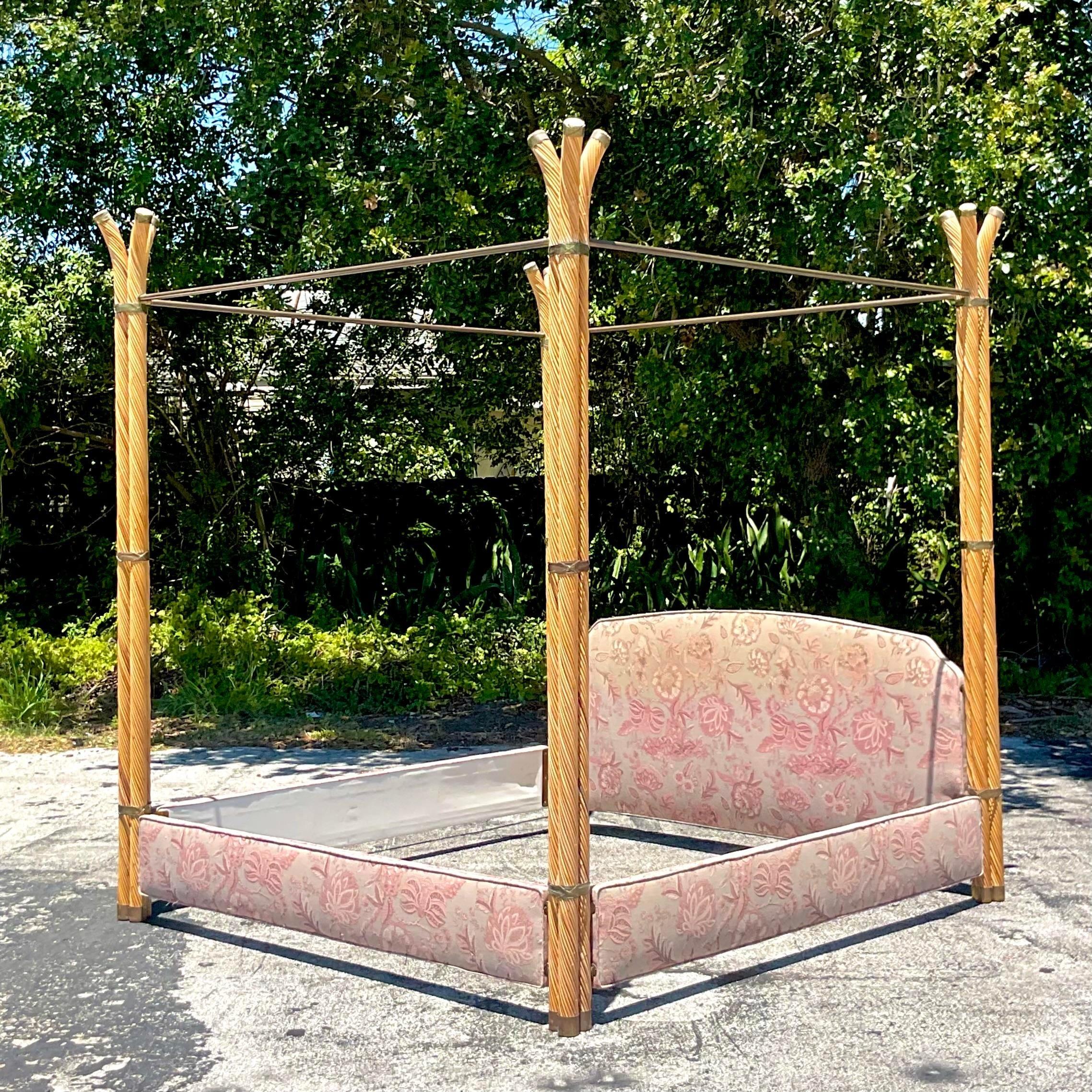 American Vintage Coastal Twisted Pencil Reed and Brass King Canopy Bed For Sale