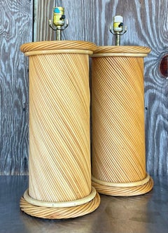 Vintage Coastal Twisted Pencil Reed Lamps - a Pair