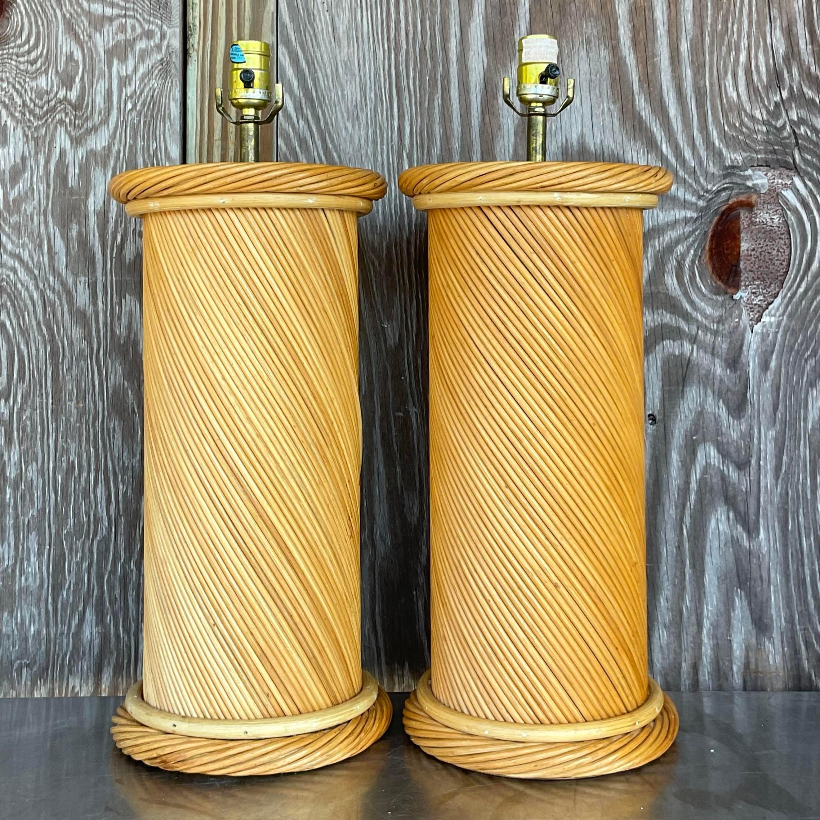 Philippine Vintage Coastal Twisted Pencil Reed Lamps - a Pair For Sale