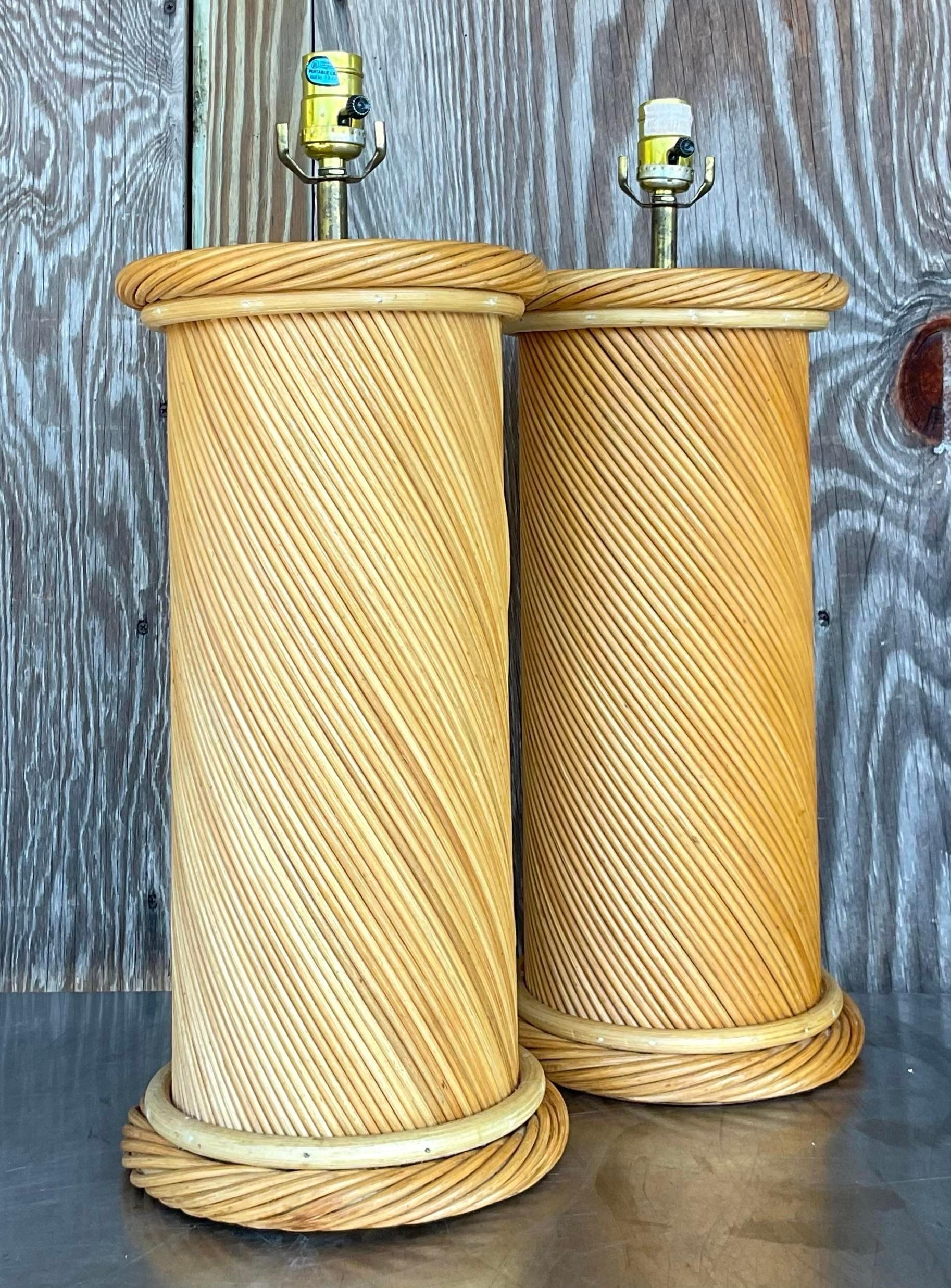 Vintage Coastal Twisted Pencil Reed Lamps - a Pair In Good Condition For Sale In west palm beach, FL