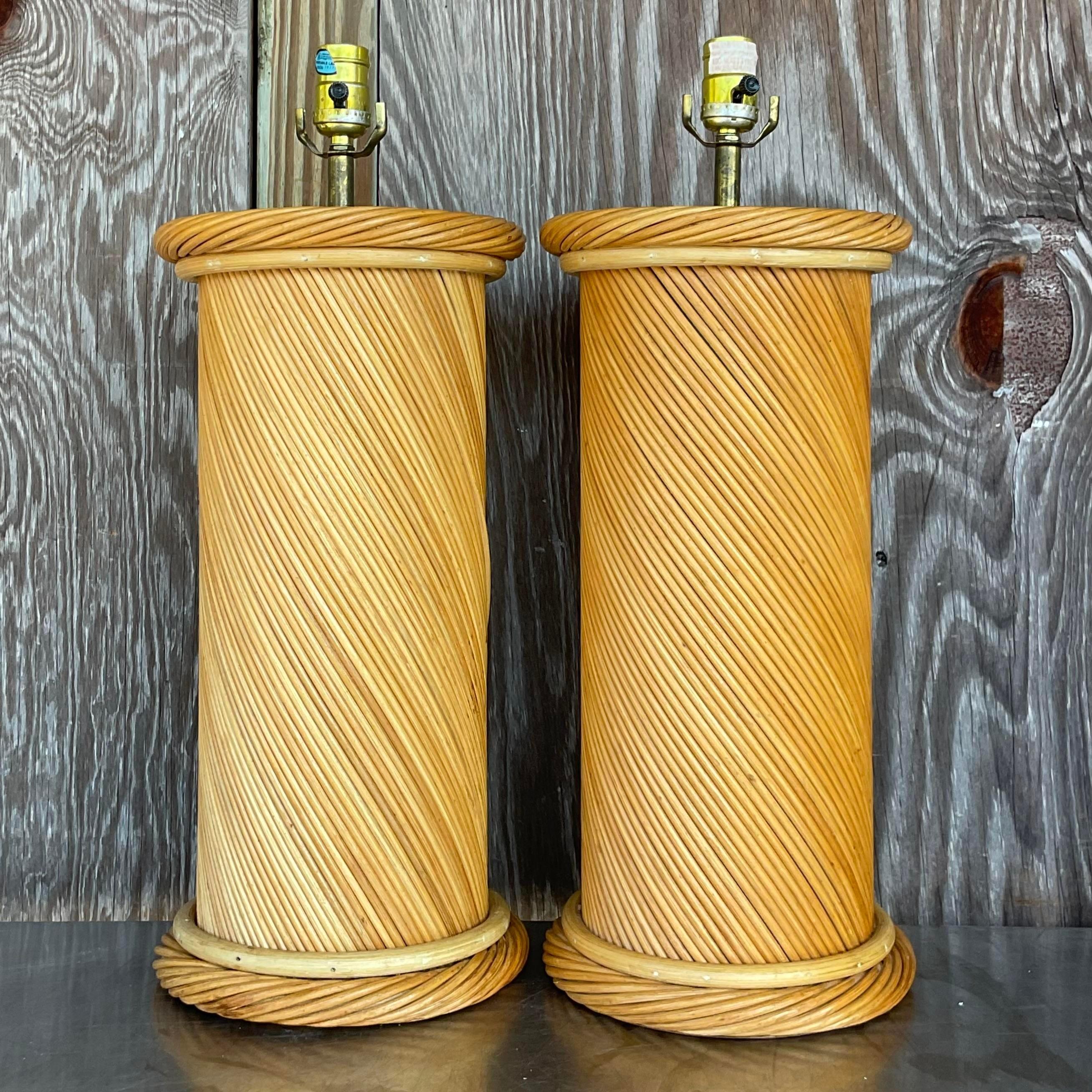 20th Century Vintage Coastal Twisted Pencil Reed Lamps - a Pair For Sale