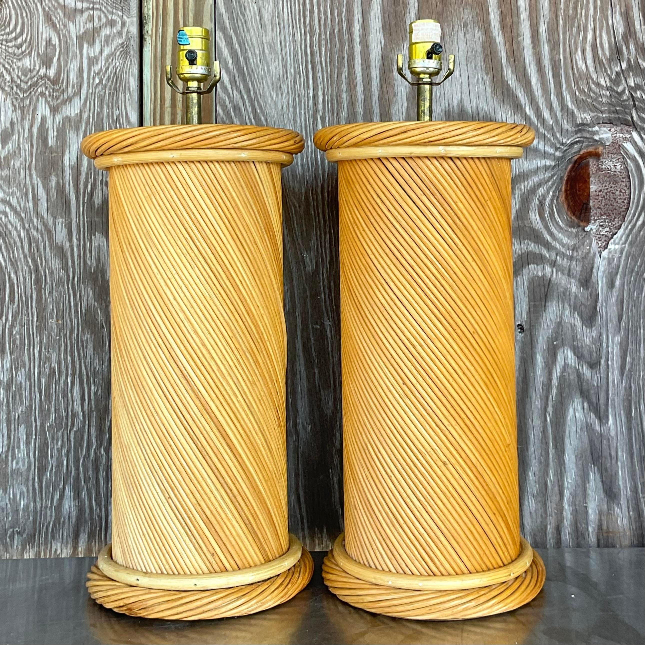 Metal Vintage Coastal Twisted Pencil Reed Lamps - a Pair For Sale