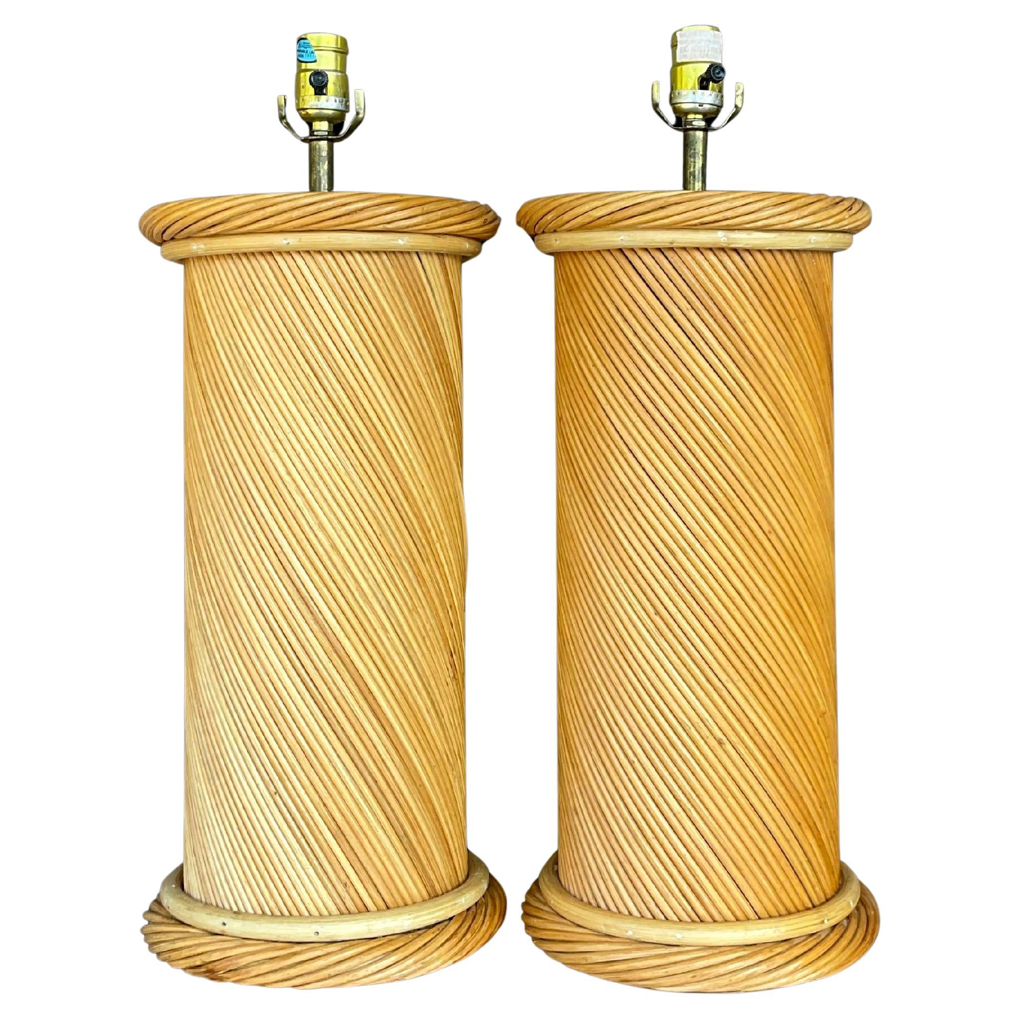 Vintage Coastal Twisted Pencil Reed Lamps - a Pair For Sale