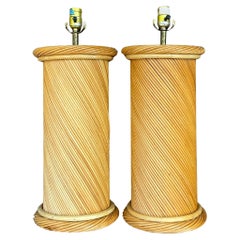 Vintage Coastal Twisted Pencil Reed Lamps - a Pair