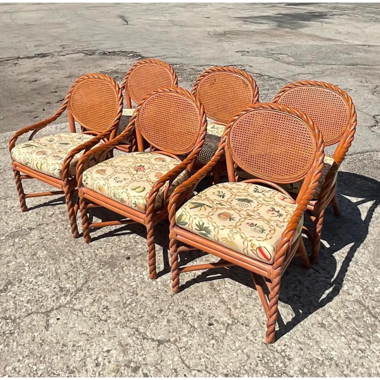 Philippine Vintage Coastal Twisted Rattan and Cane Dining Chairs, Set of 6