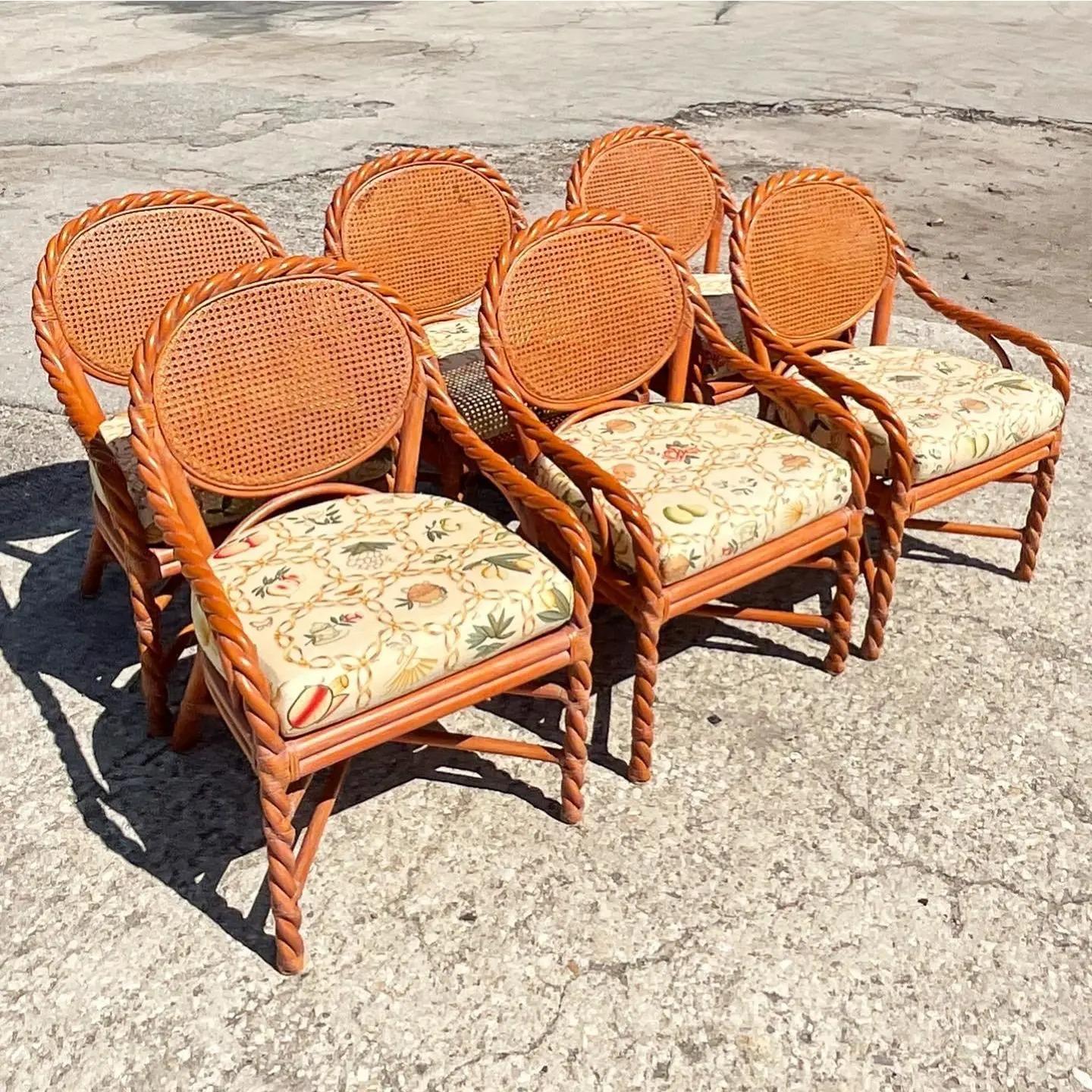 Vintage Coastal Twisted Rattan and Cane Dining Chairs, Set of 6 In Good Condition In west palm beach, FL