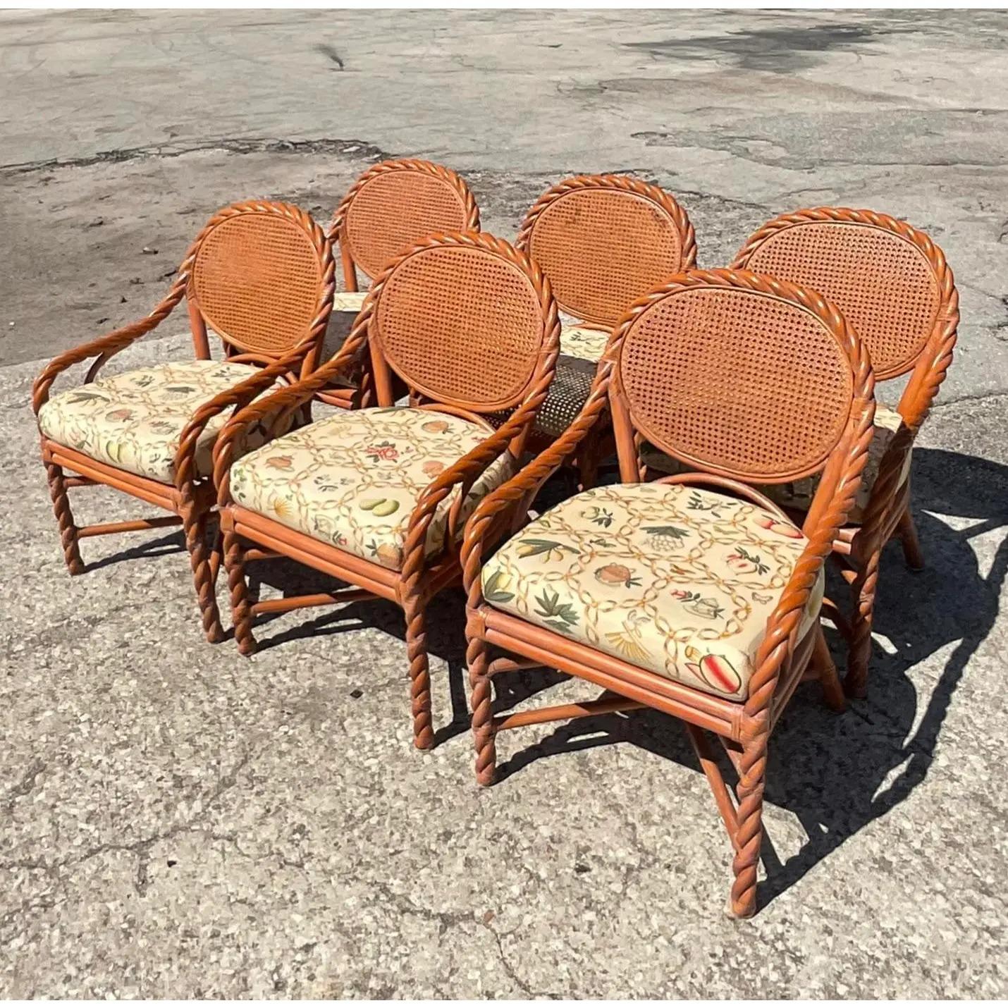 20th Century Vintage Coastal Twisted Rattan and Cane Dining Chairs, Set of 6
