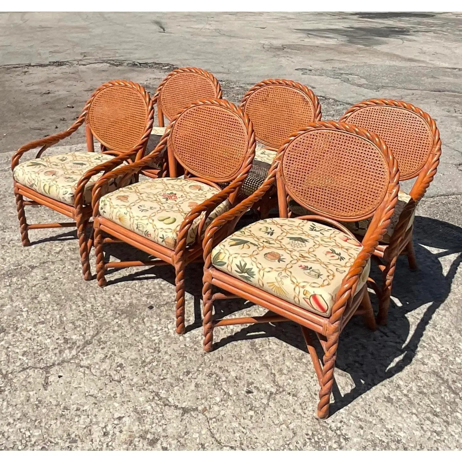 Vintage Coastal Twisted Rattan and Cane Dining Chairs, Set of 6 1