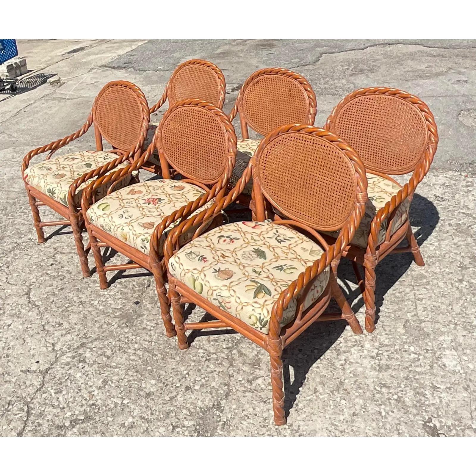 Vintage Coastal Twisted Rattan and Cane Dining Chairs, Set of 6 2