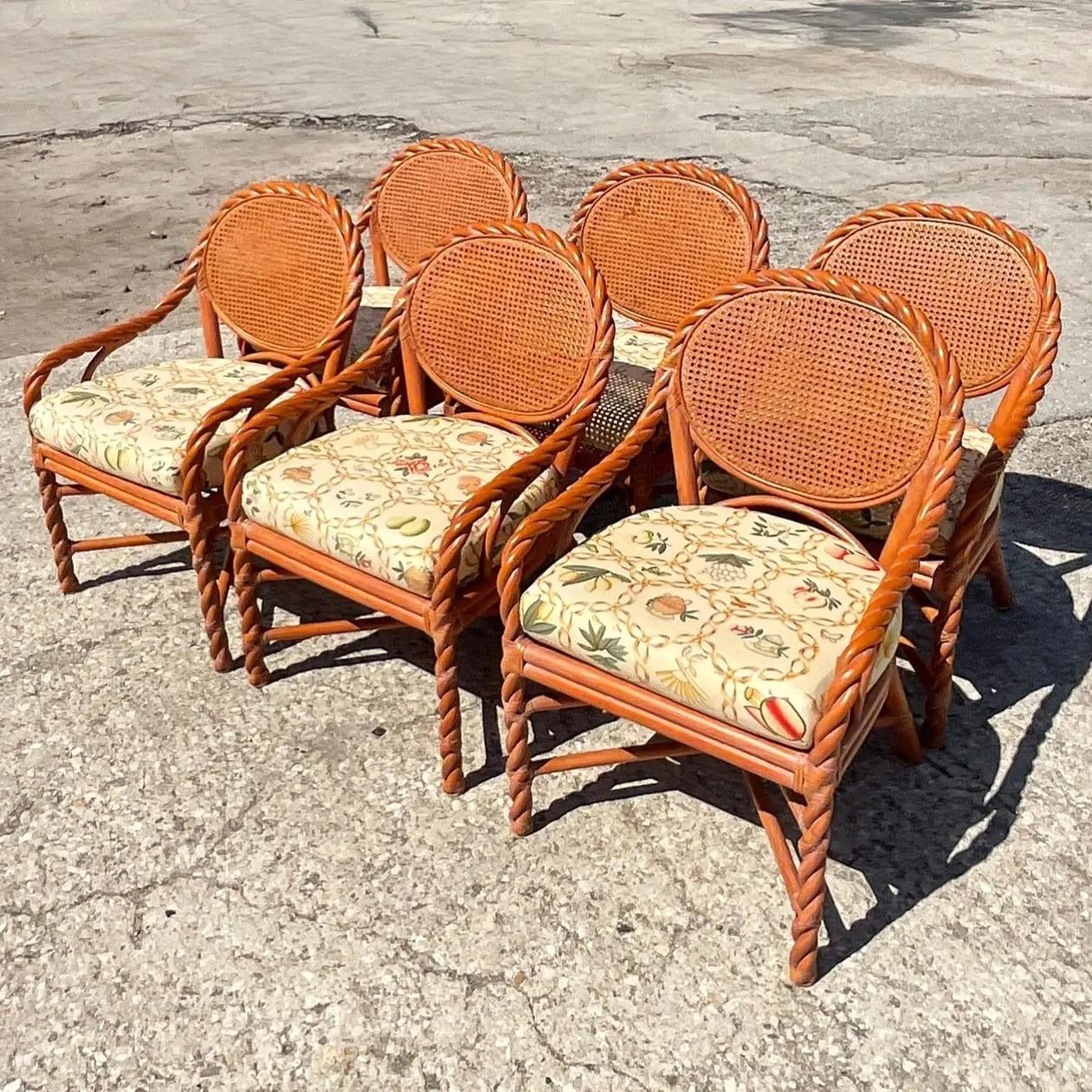 Vintage Coastal Twisted Rattan and Cane Dining Chairs, Set of 6 3