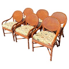 Vintage Coastal Twisted Rattan and Cane Dining Chairs, Set of 6