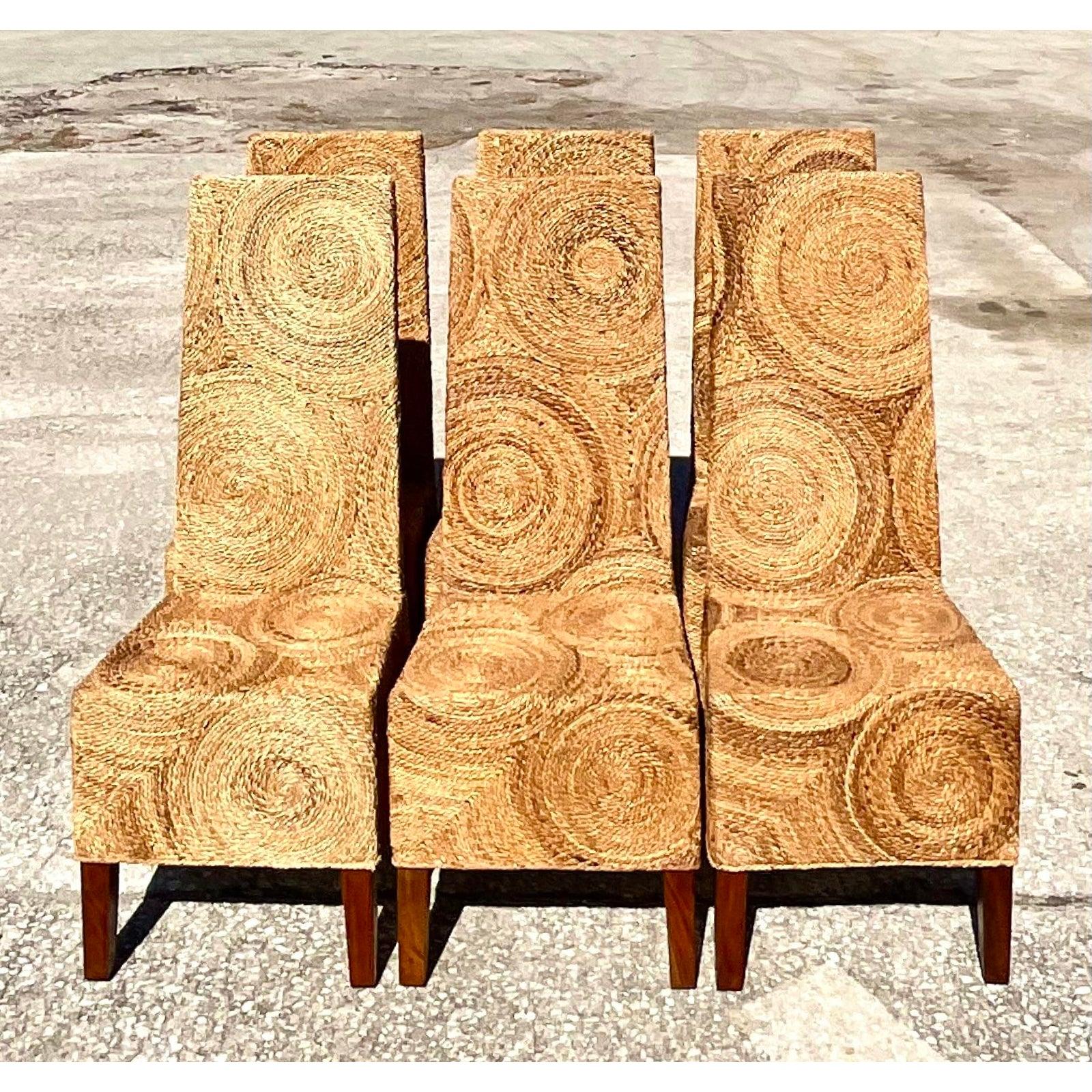 Vintage Coastal Twisted Rattan Circles Dining Chairs - Set of 6 For Sale 2