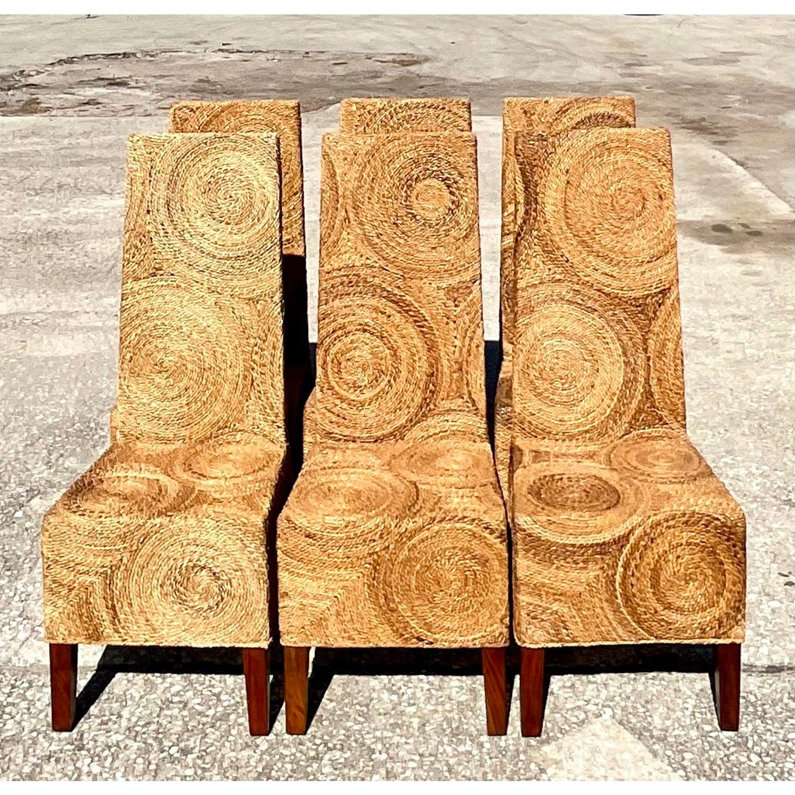 Vintage Coastal Twisted Rattan Circles Dining Chairs - Set of 6 In Good Condition For Sale In west palm beach, FL
