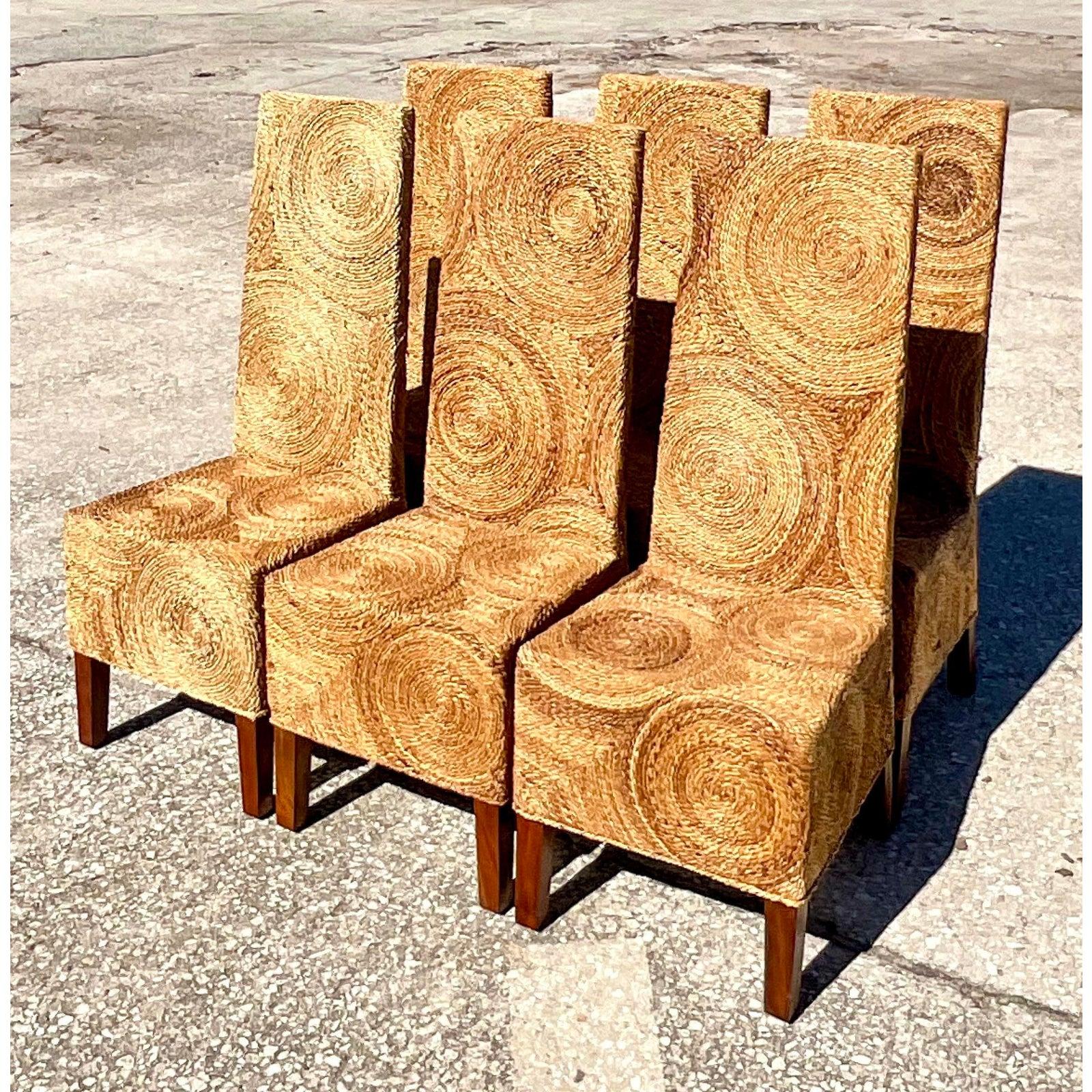 Vintage Coastal Twisted Rattan Circles Dining Chairs - Set of 6 For Sale 1