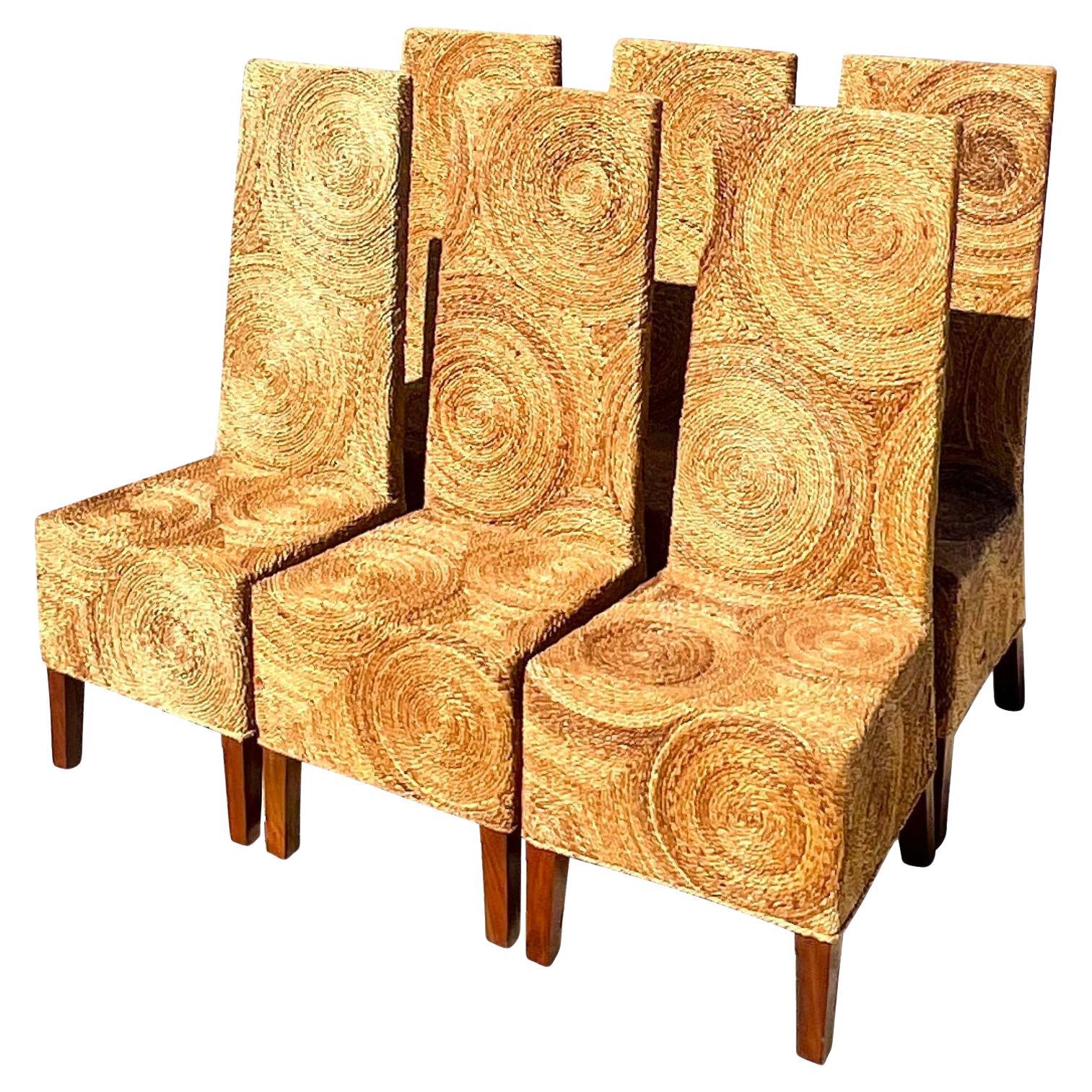 Vintage Coastal Twisted Rattan Circles Dining Chairs - Set of 6 For Sale