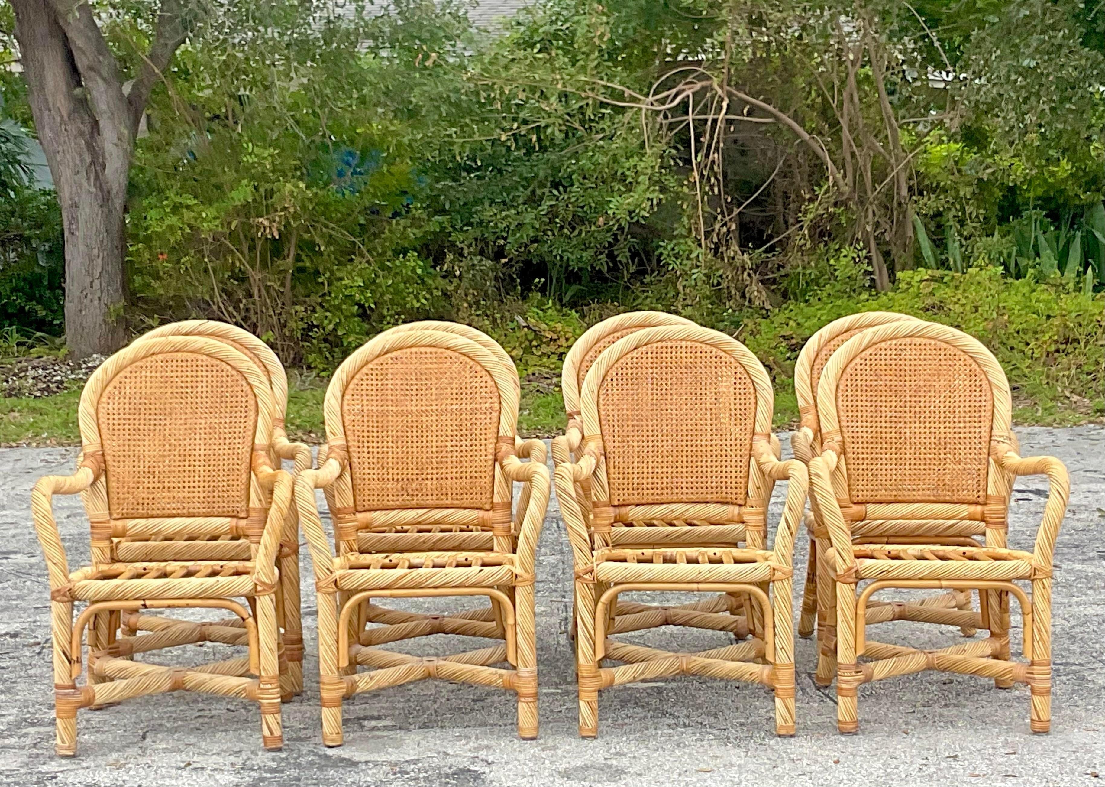 Philippine Vintage Coastal Twisted Rattan Dining Chairs - Set of 8 For Sale