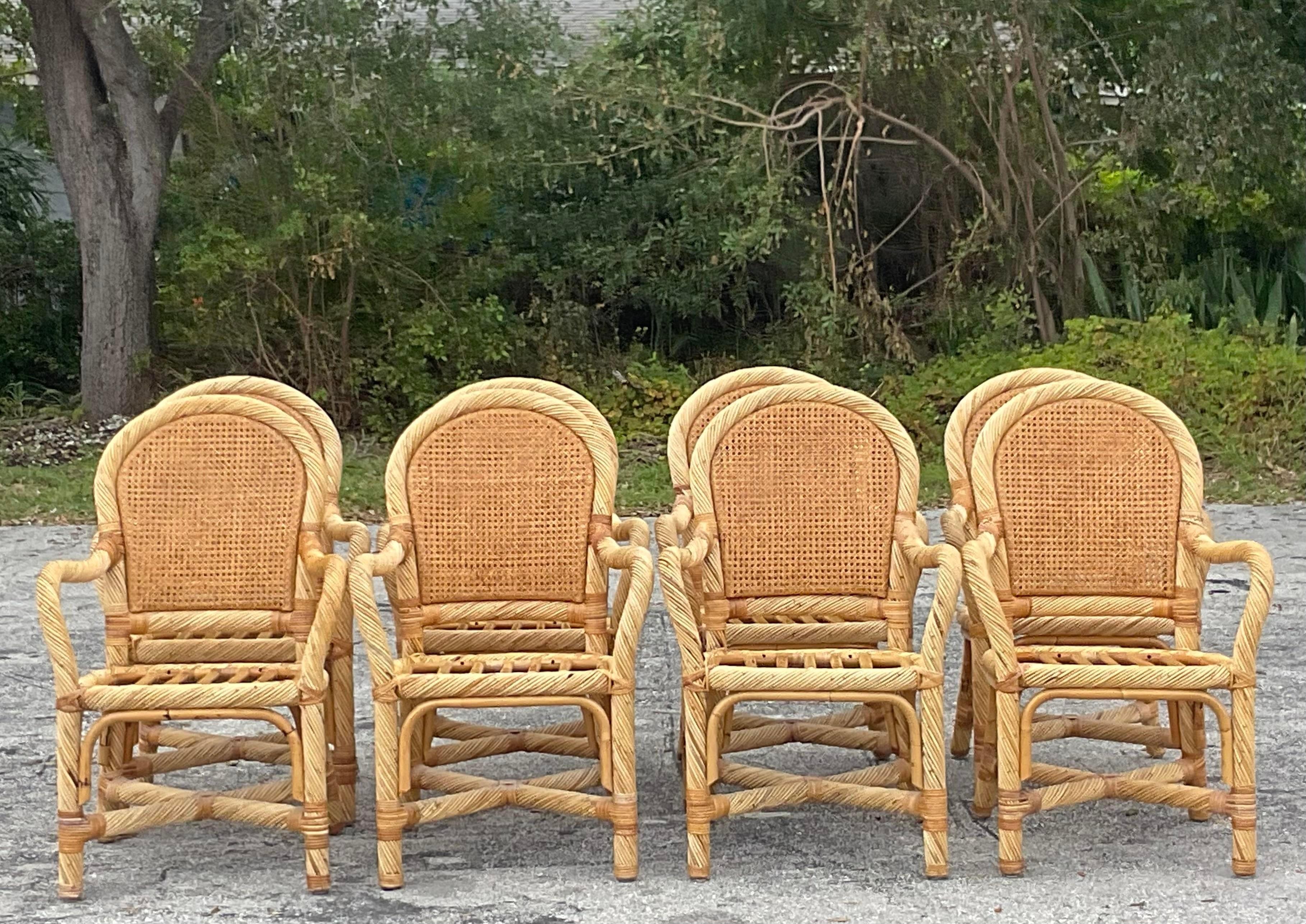 Vintage Coastal Twisted Rattan Dining Chairs - Set of 8 In Good Condition For Sale In west palm beach, FL