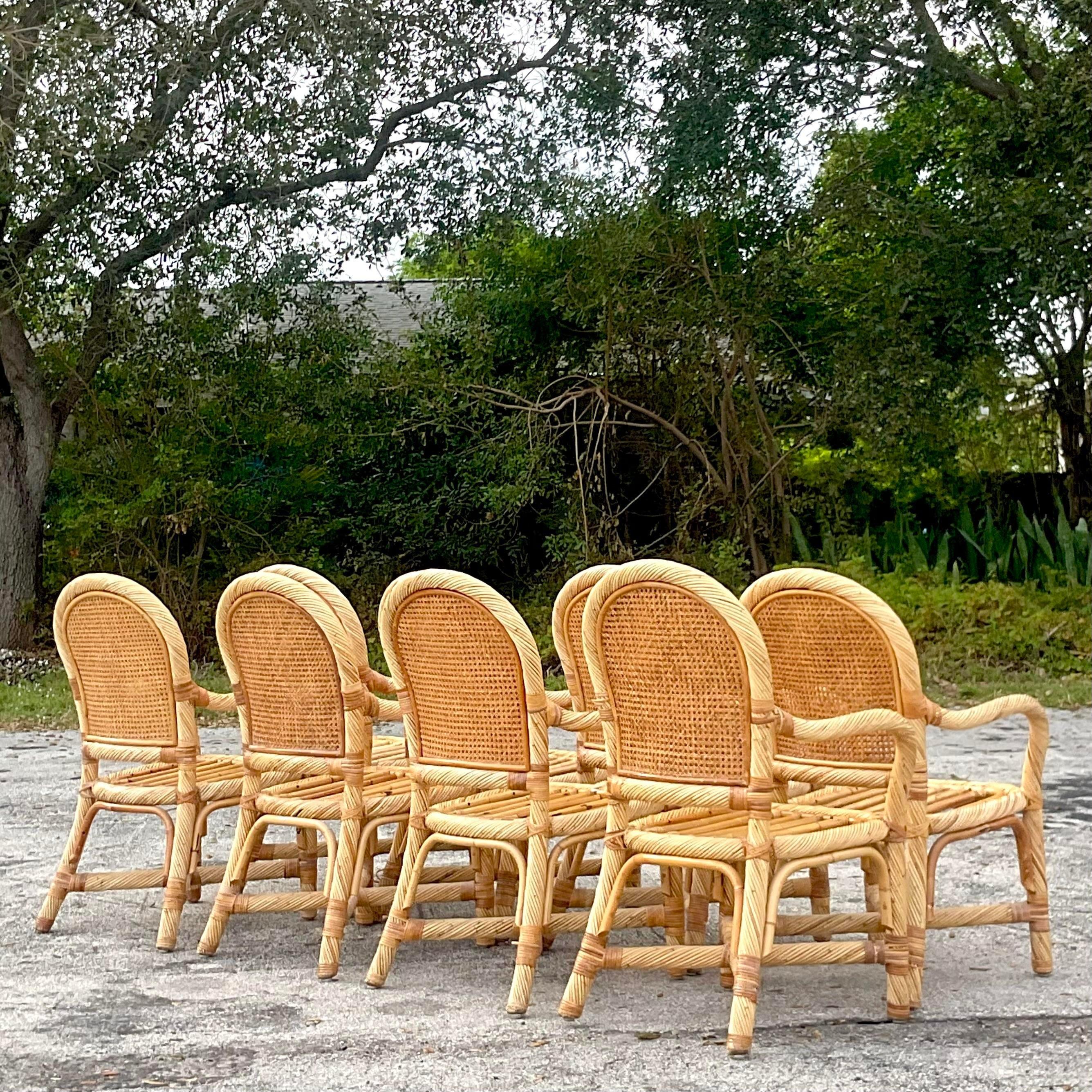 20th Century Vintage Coastal Twisted Rattan Dining Chairs - Set of 8