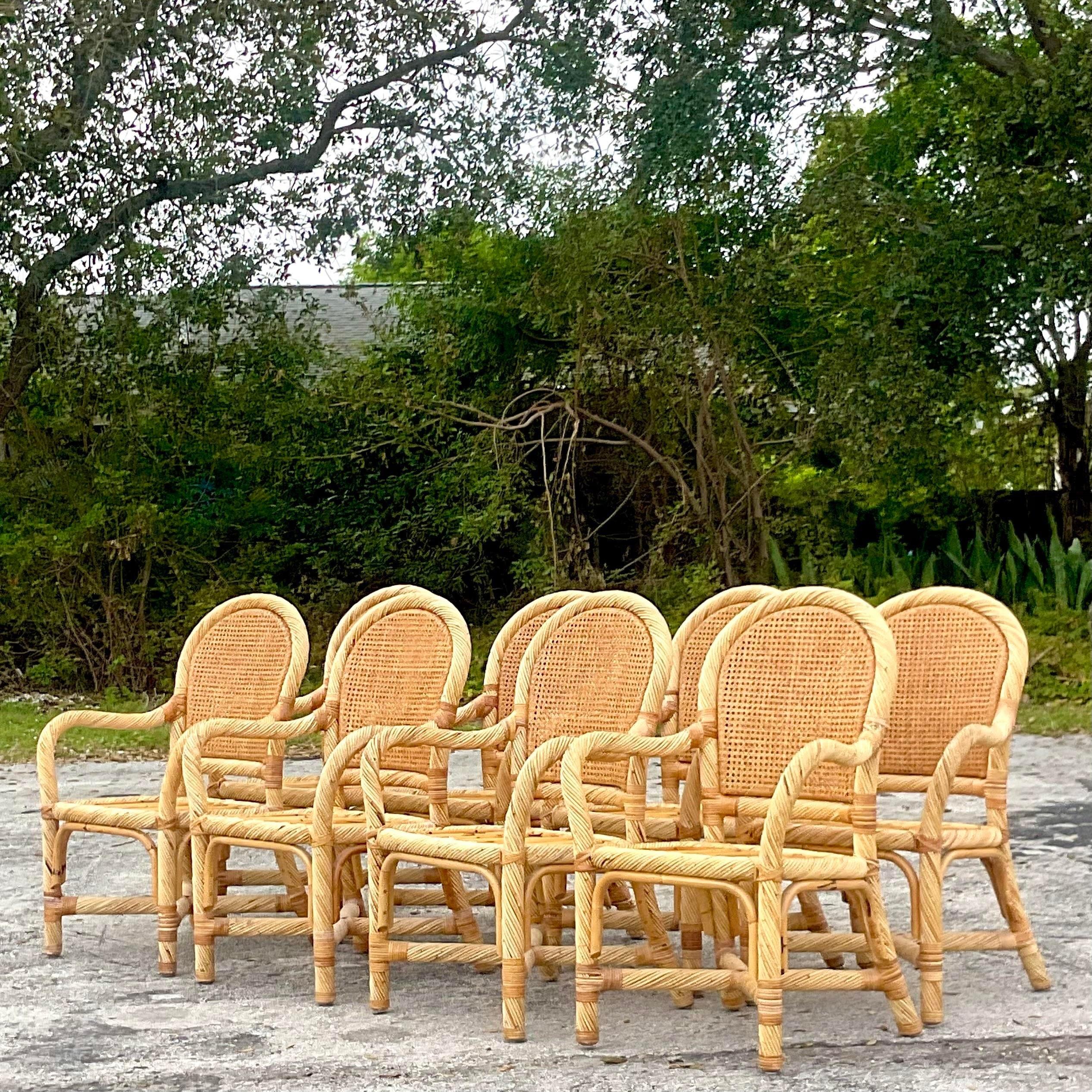 Vintage Coastal Twisted Rattan Dining Chairs - Set of 8 For Sale 1