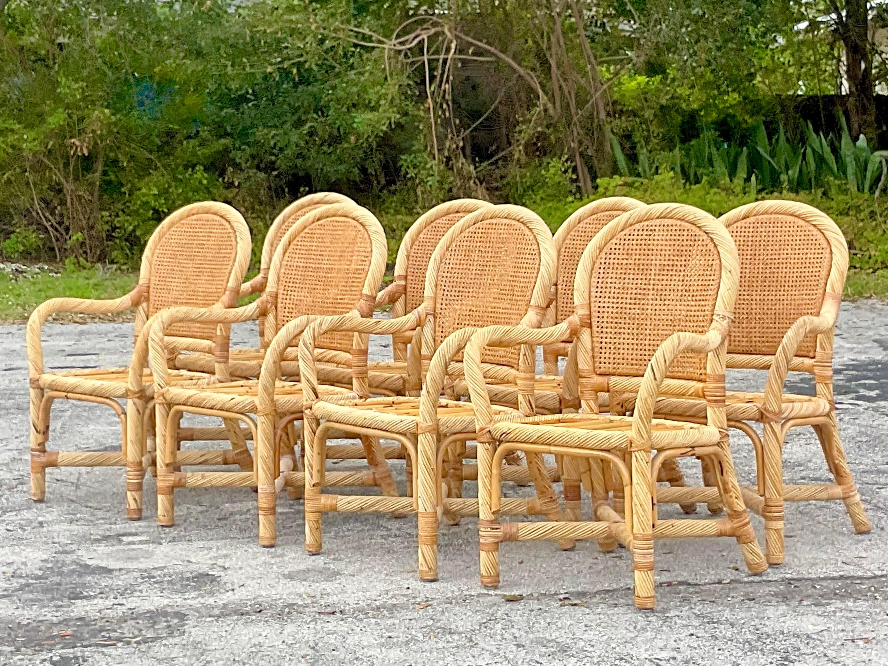Chaises de salle à manger vintage en rotin torsadé de style côtier - Lot de 8 en vente 1