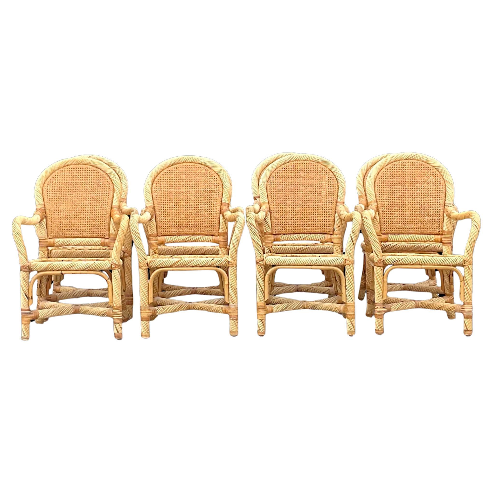 Vintage Coastal Twisted Rattan Dining Chairs - Set of 8 For Sale