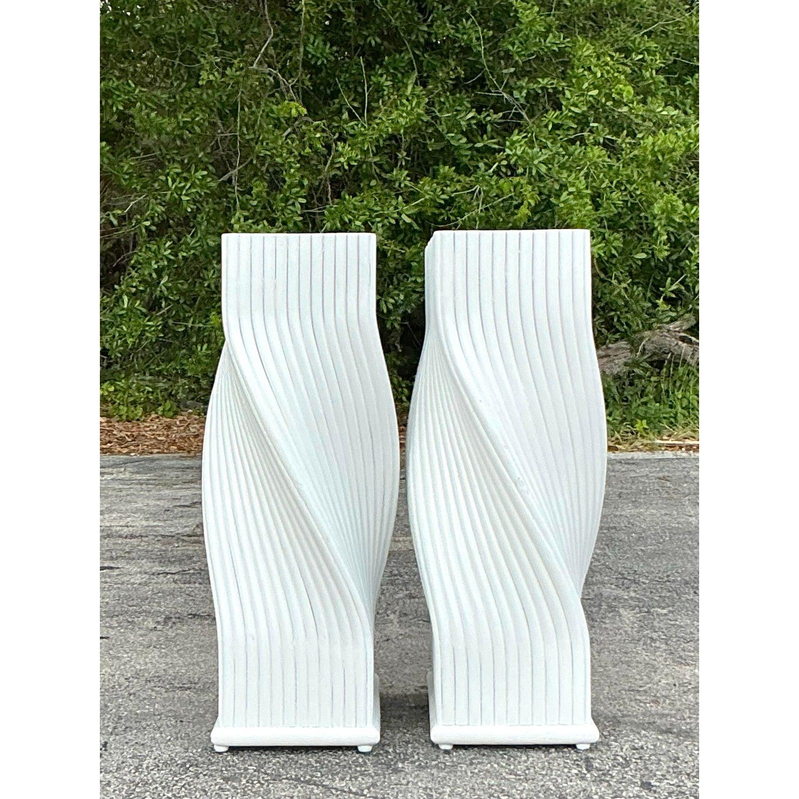 Modern Vintage Coastal Twisted Rattan Dining Table Pedestals - Set of 2 For Sale